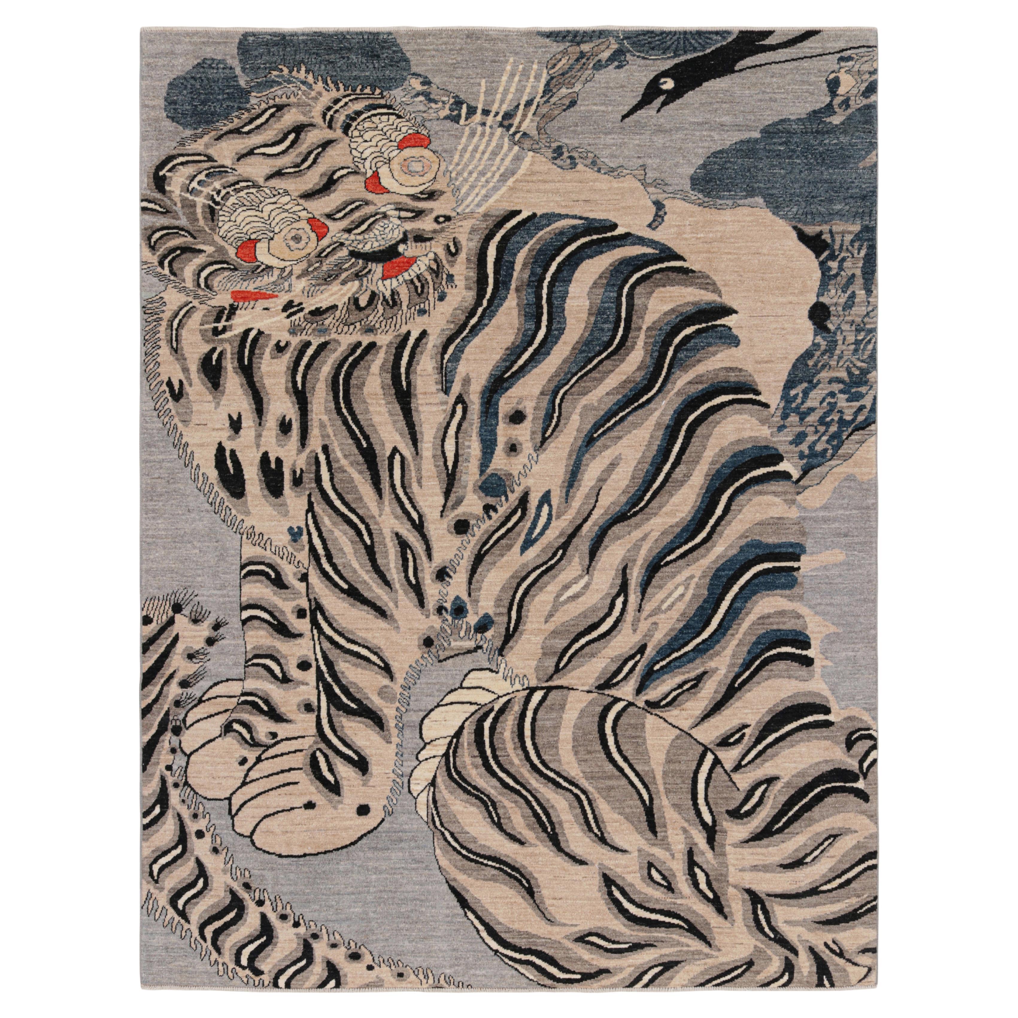 Rug & Kilim’s Contemporary Tiger Rug in White with Multicolor Pictorials For Sale