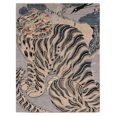 Rug & Kilim’s Contemporary Tiger Rug in White with Multicolor Pictorials