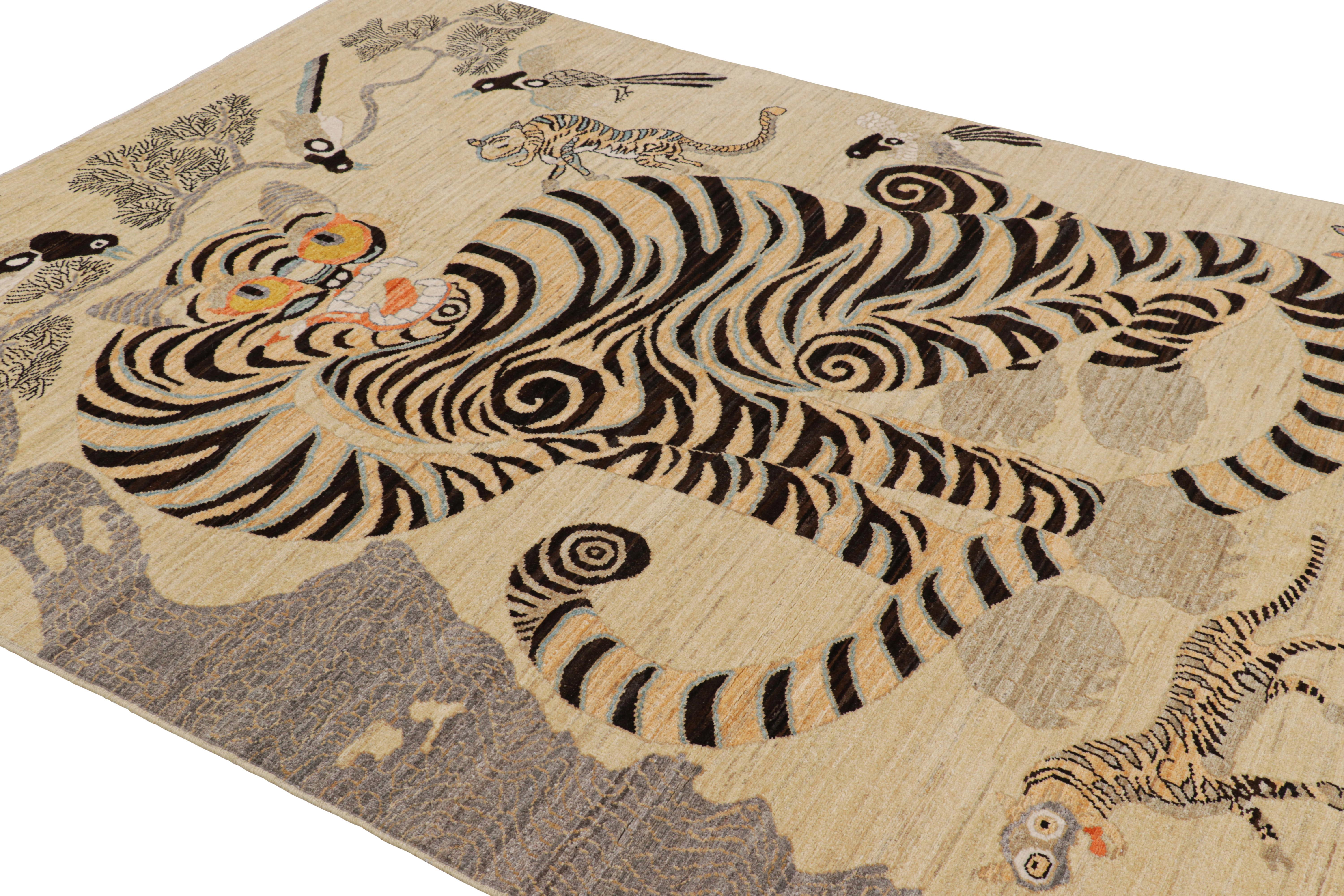 Afghan Rug & Kilim’s Contemporary Tiger Rug with Beige, Gold and Brown Pictorials For Sale