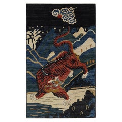 Rug & Kilim’s Contemporary Tiger Rug with Navy Blue and Orange Pictorials