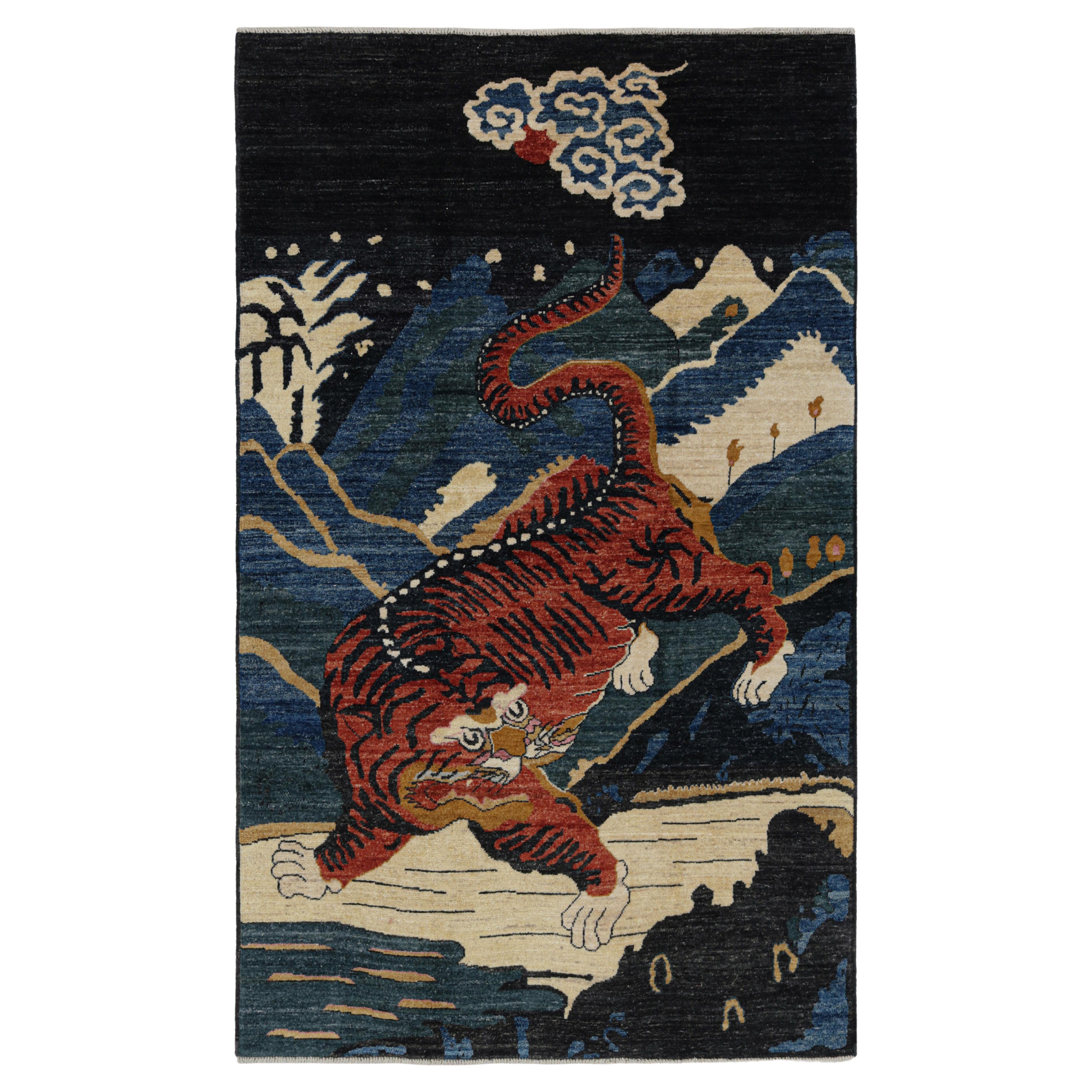 Rug 
Kilim
s Contemporary Tiger Rug with Navy Blue and Orange Pictorials (Tapis tigré contemporain avec pictogrammes bleu marine et orange)