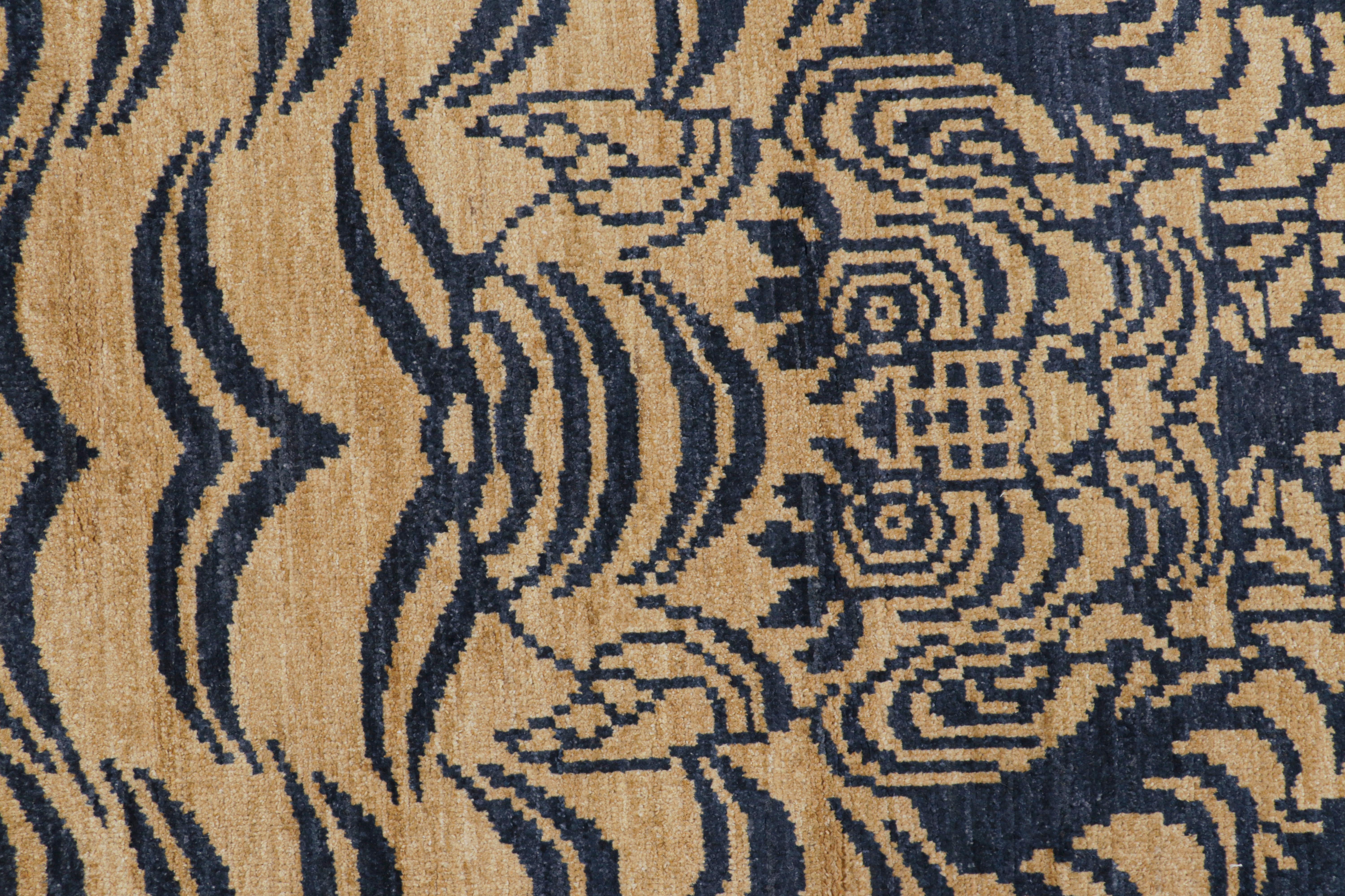 Modern Rug & Kilim’s Contemporary Tiger Skin Rug in Navy Blue with Gold Pictorial