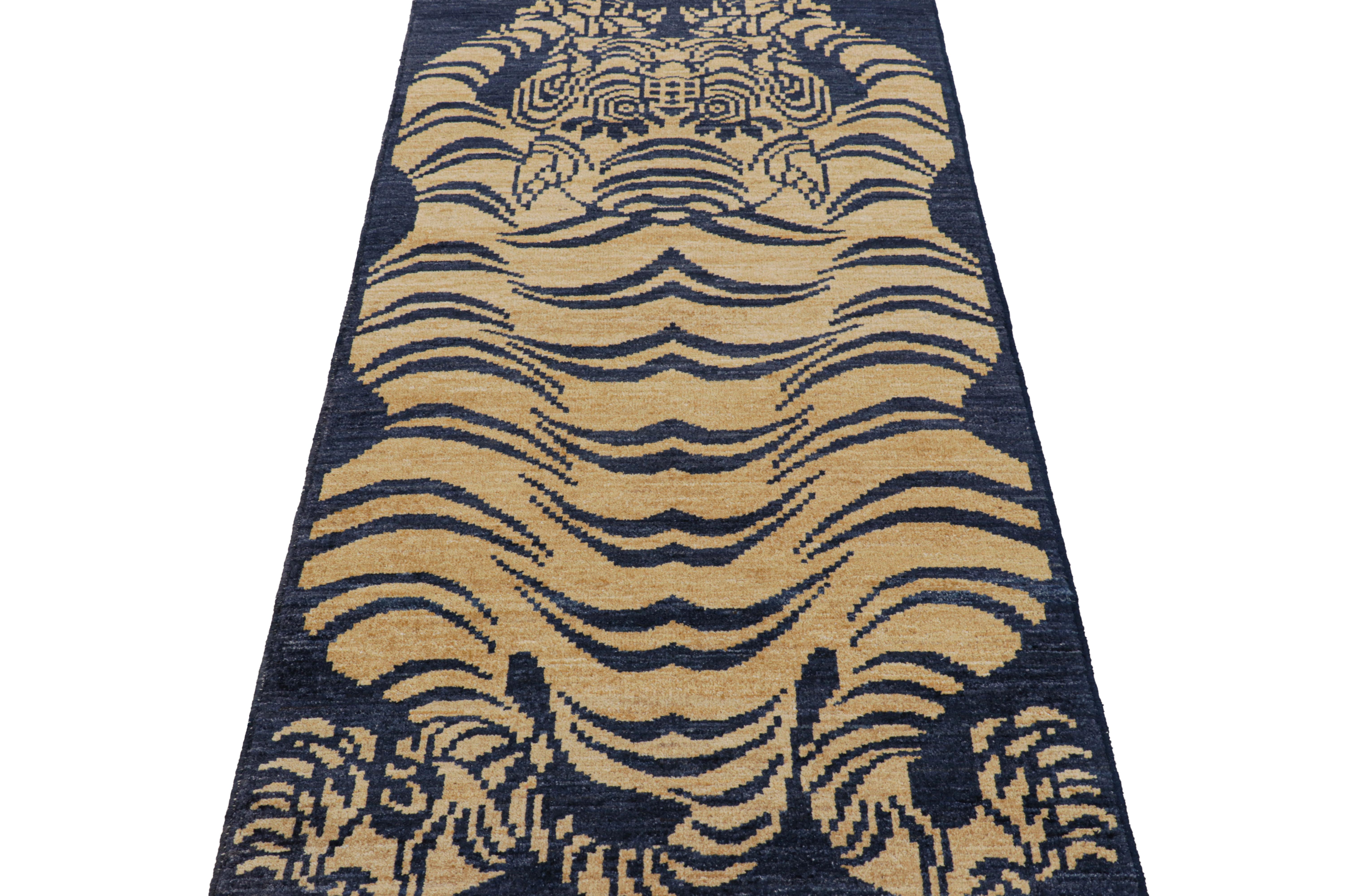 Hand-Knotted Rug & Kilim’s Contemporary Tiger Skin Rug in Navy Blue with Gold Pictorial