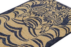 Rug & Kilim’s Contemporary Tiger Skin Runner Rug in Navy Blue & Gold Pictorial