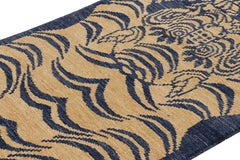 Rug & Kilim’s Contemporary Tiger Skin Runner Rug in Navy Blue & Gold Pictorial