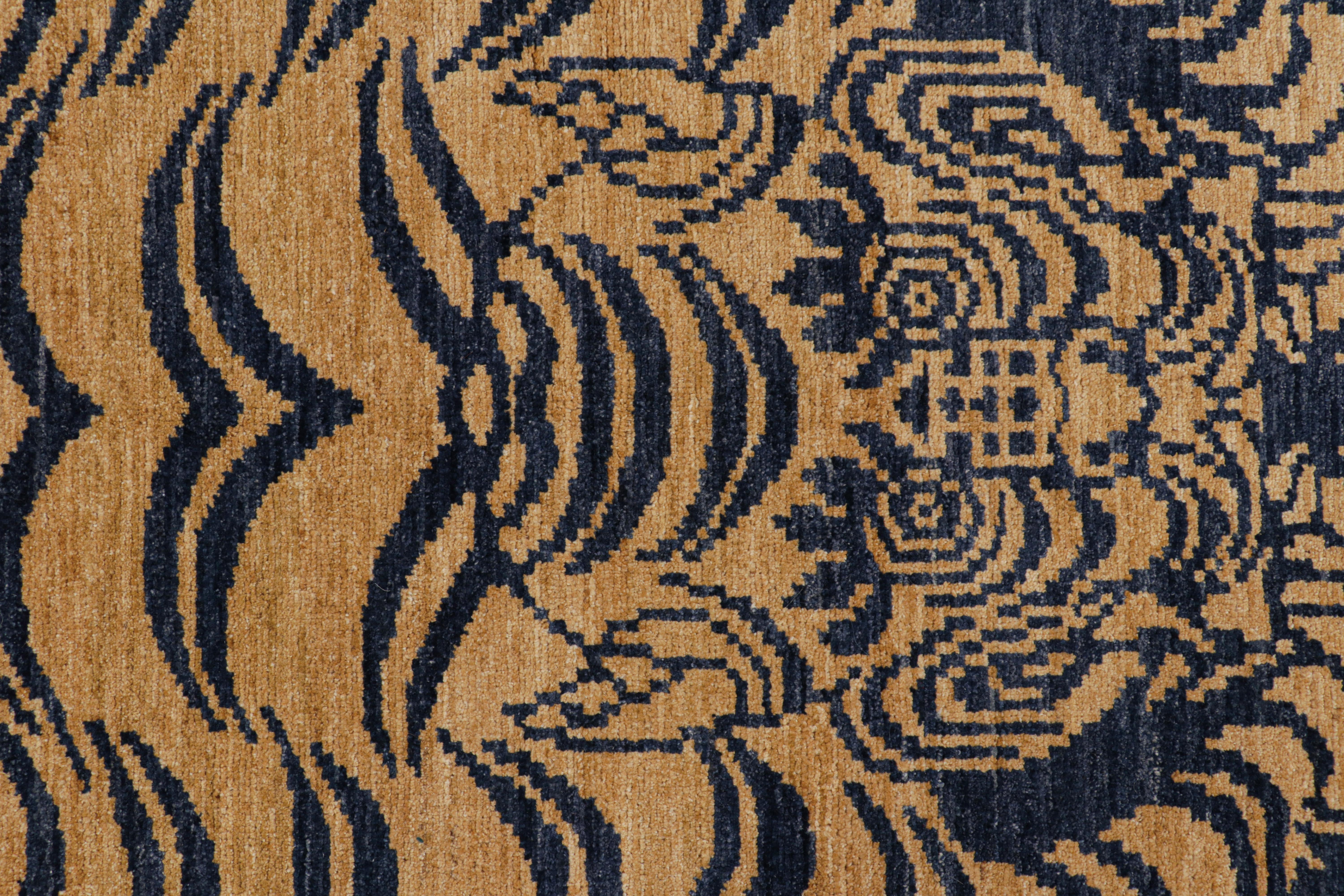 Modern Rug & Kilim’s Contemporary Tiger Skin Runner Rug in Navy Blue & Gold Pictorial For Sale