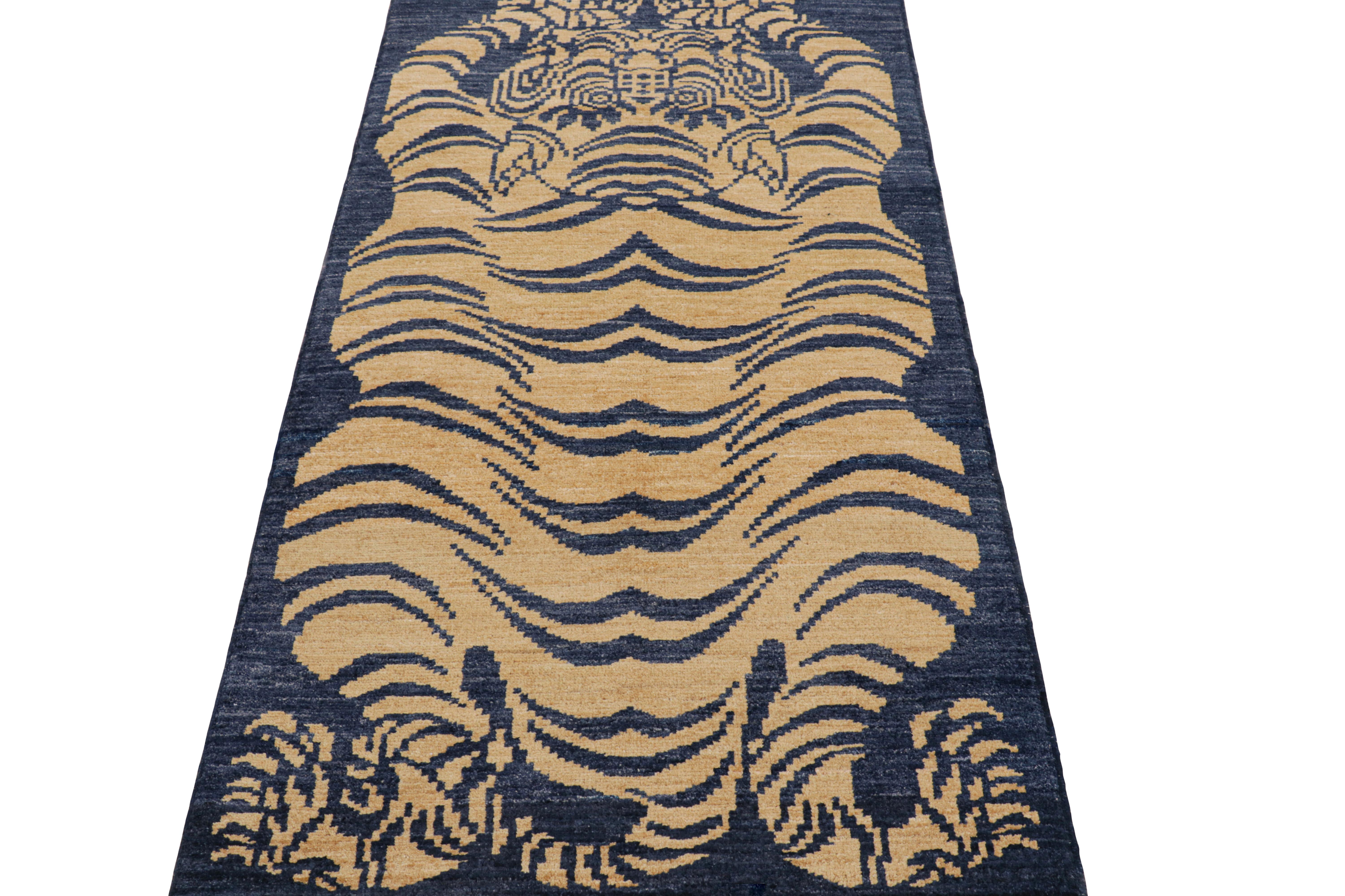 Hand-Knotted Rug & Kilim’s Contemporary Tiger Skin Runner Rug in Navy Blue & Gold Pictorial For Sale