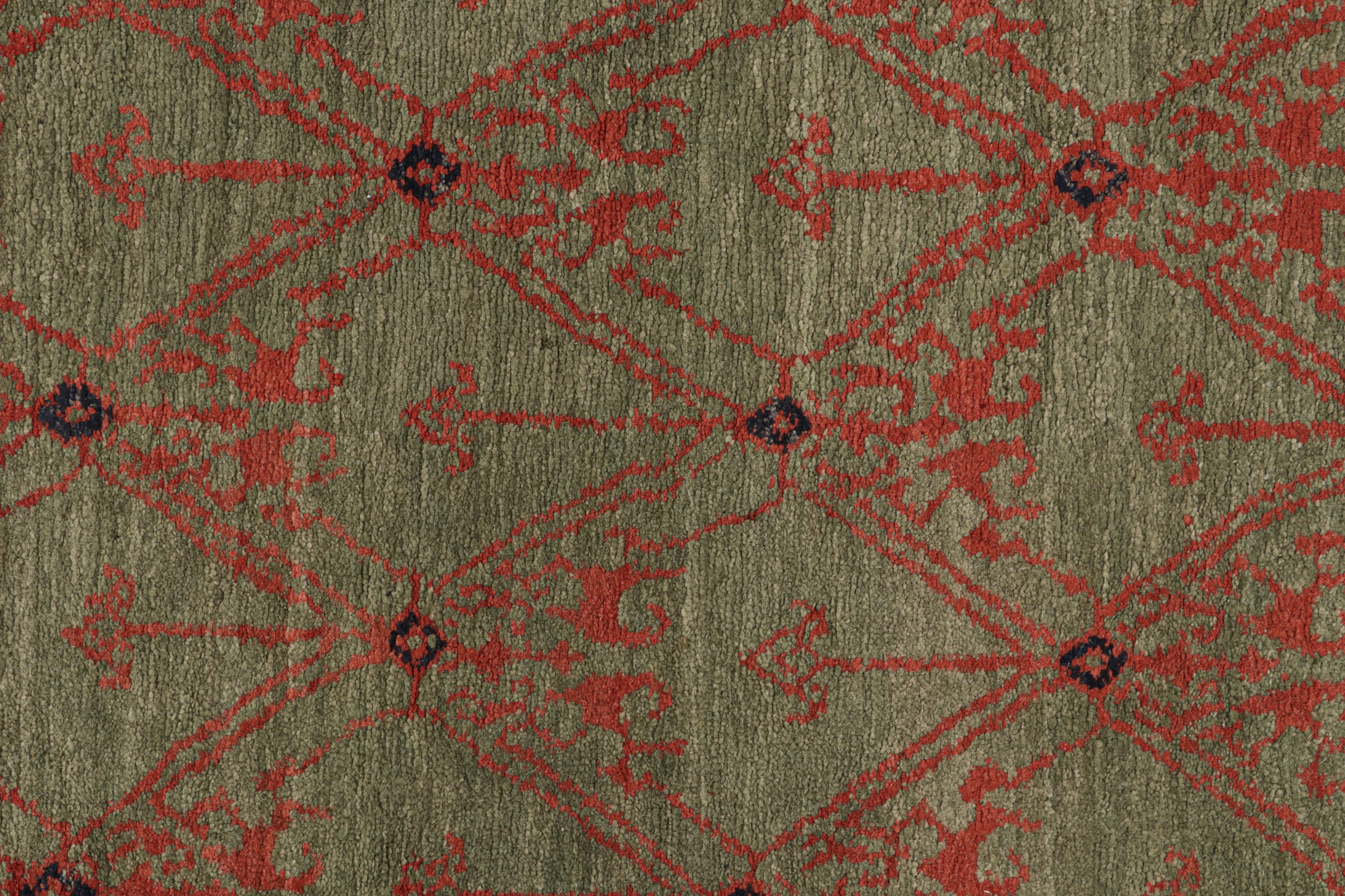 Nepalese Rug & Kilim's Cortez Traditional Geometric Green and Red Wool Runner For Sale