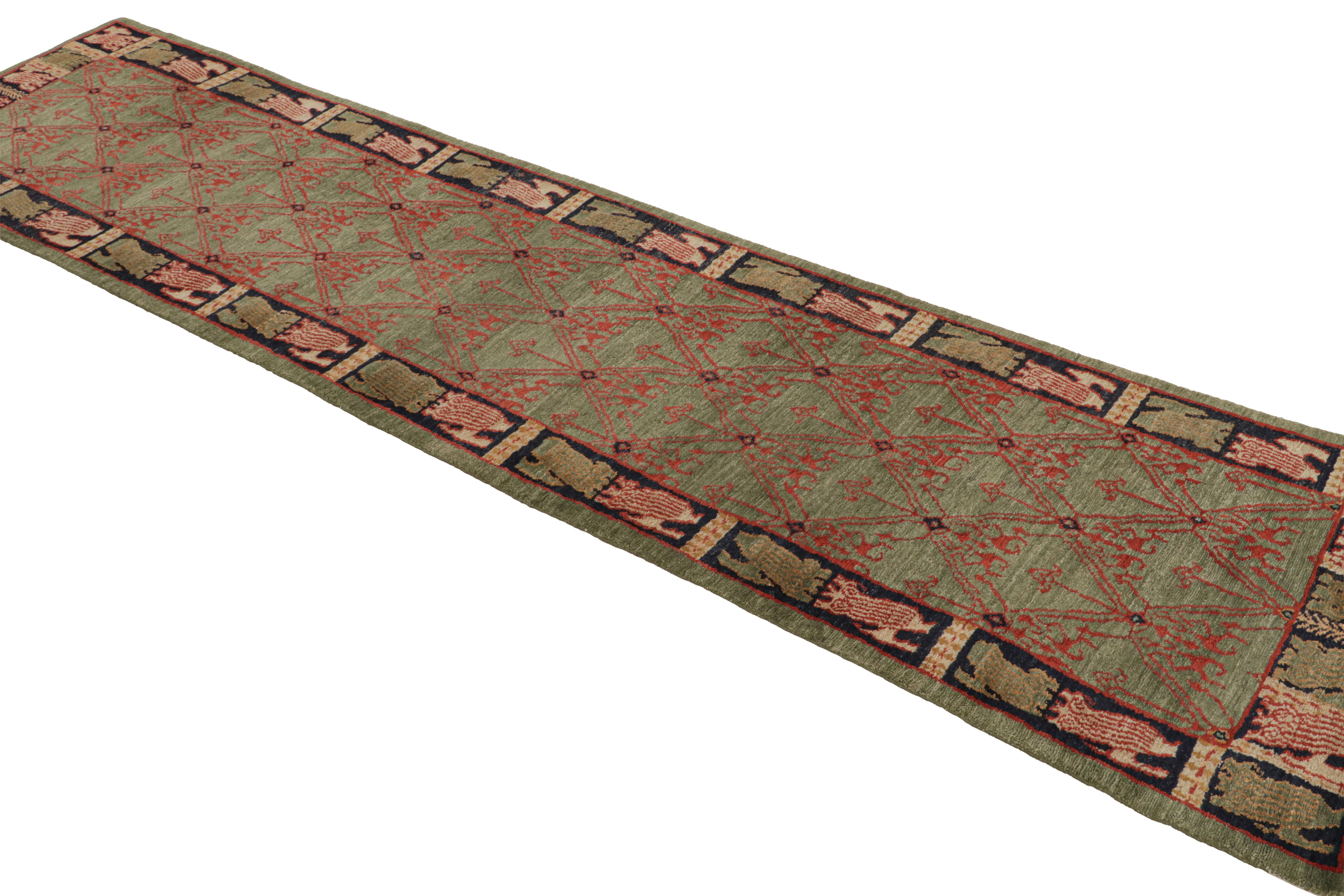 Hand-Knotted Rug & Kilim's Cortez Traditional Geometric Green and Red Wool Runner For Sale