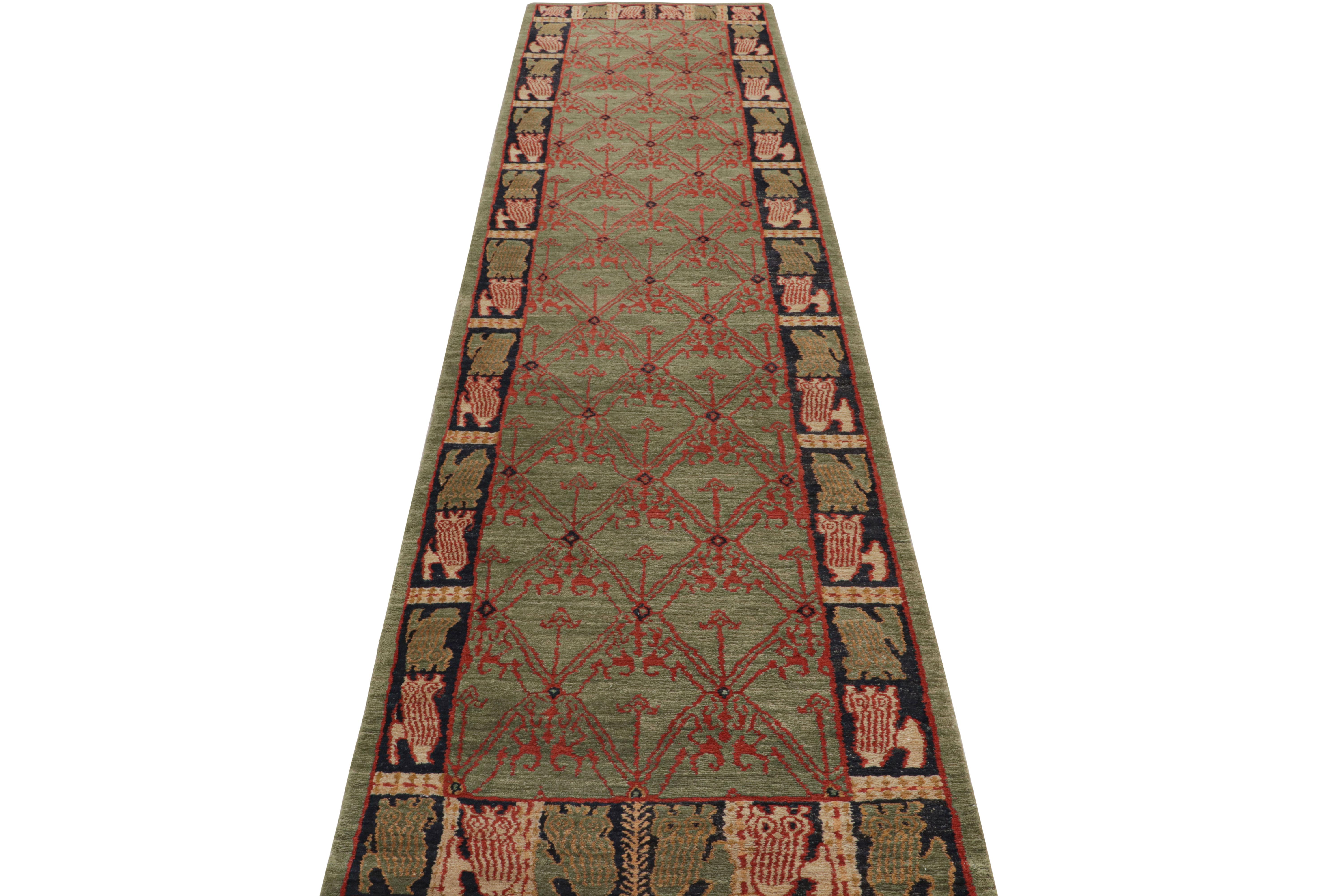 Rug & Kilim's Cortez Traditional Geometric Green and Red Wool Runner In New Condition For Sale In Long Island City, NY