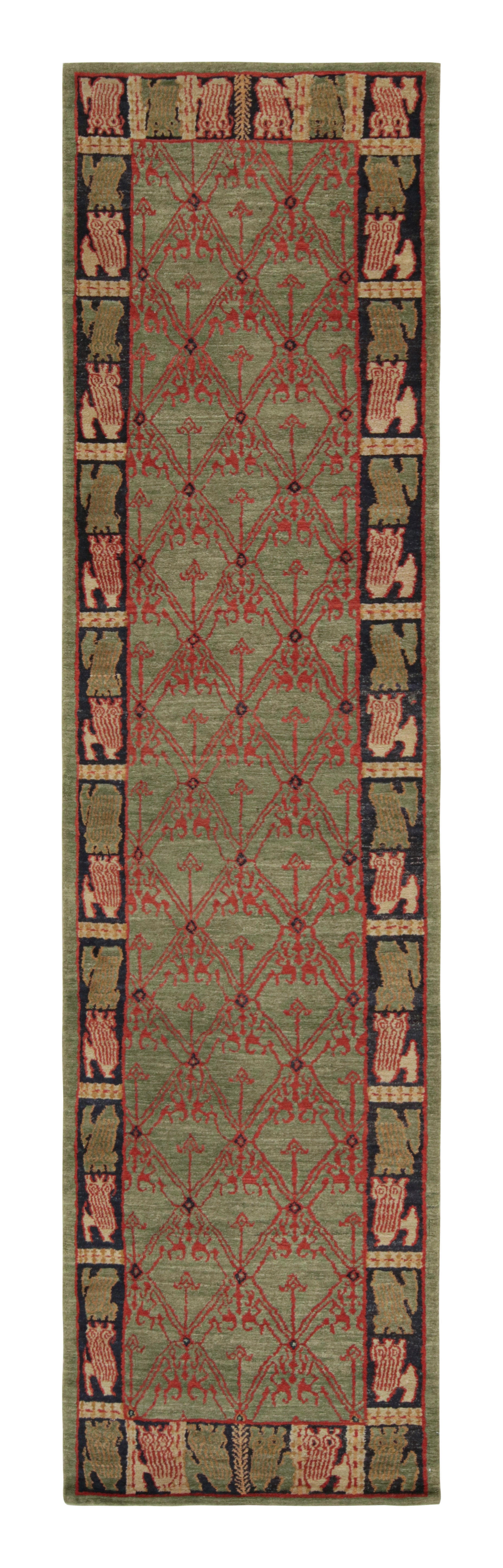 Rug & Kilim's Cortez Traditional Geometric Green and Red Wool Runner For Sale