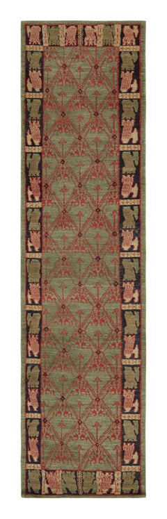 Traditioneller geometrischer Teppich- und Kelim- Cortez-Läufer aus grüner und roter Wolle