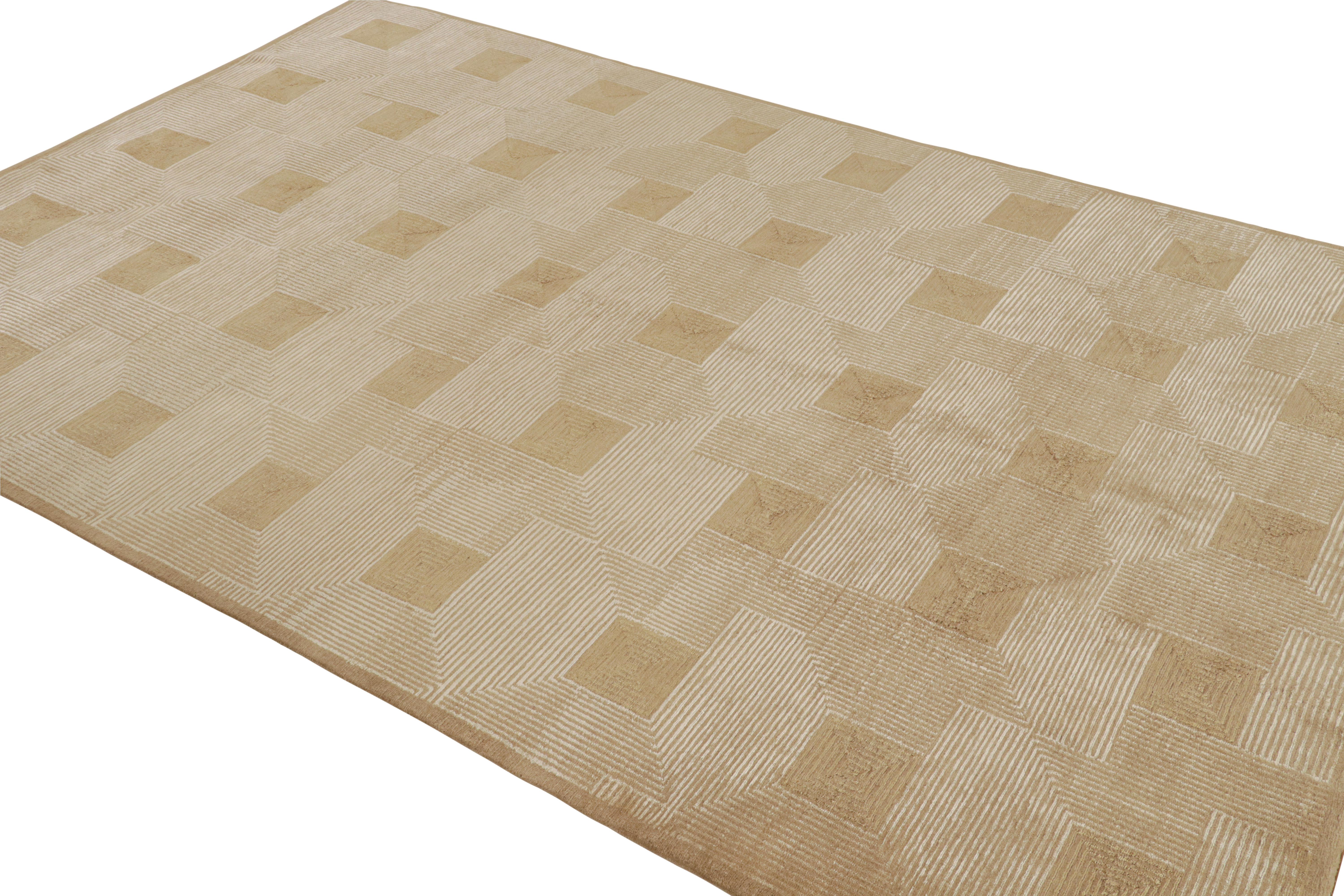 Dieser 6x9 große zeitgenössische Teppich ist eine neue Ergänzung der Art Deco-Teppichkollektion von Rug & Kilim. Das Design des handgeknüpften Stoffes aus einer luxuriösen Mischung aus Wolle und Seide ist vom Kubismus und ähnlichen modernistischen