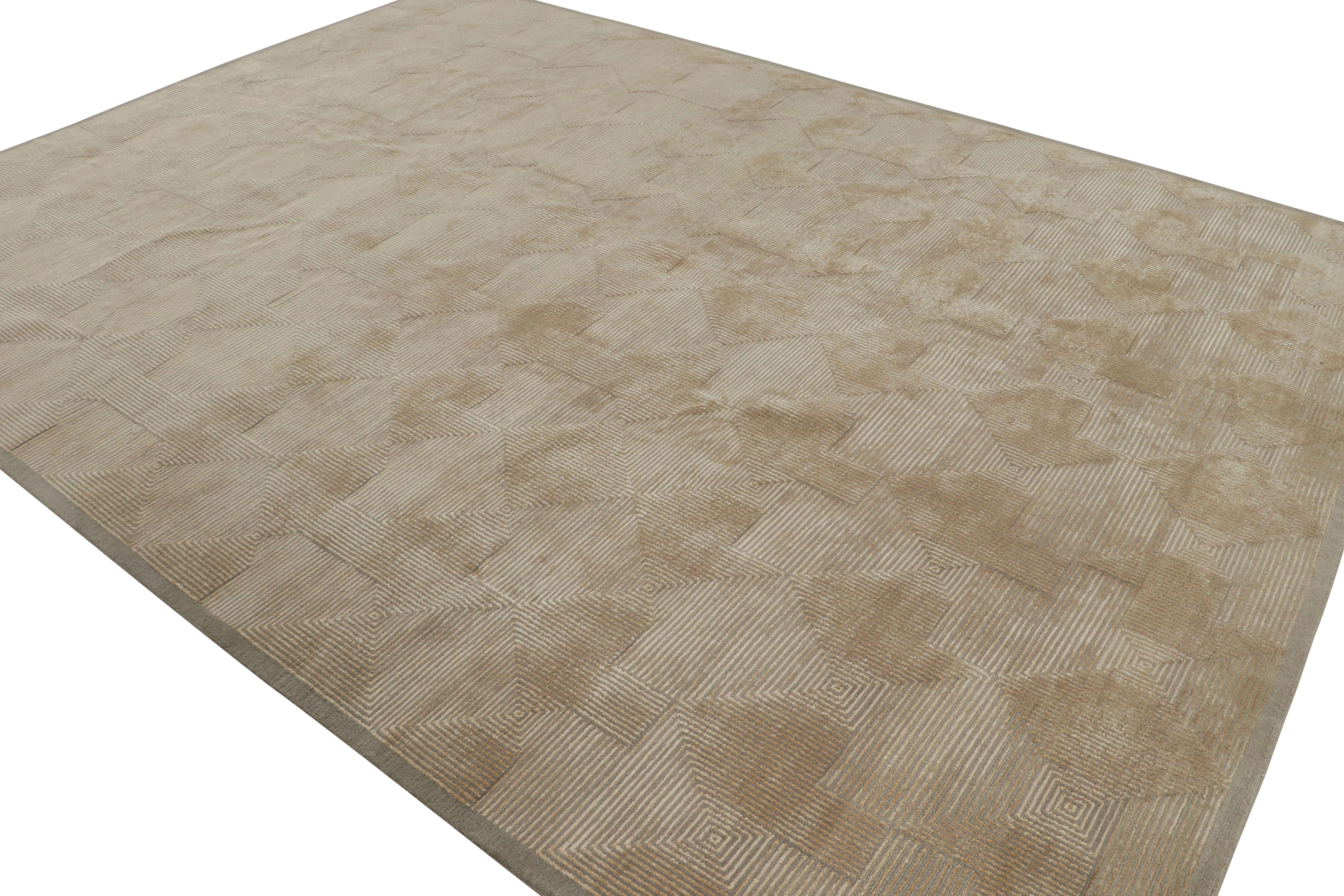 Ce tapis contemporain 9x12 est un nouvel ajout à la collection de tapis Art Deco de Rug & Kilim. Noué à la main dans un luxueux mélange de laine et de soie, son design s'inspire du cubisme et d'autres sensibilités modernistes similaires, 

Sur le