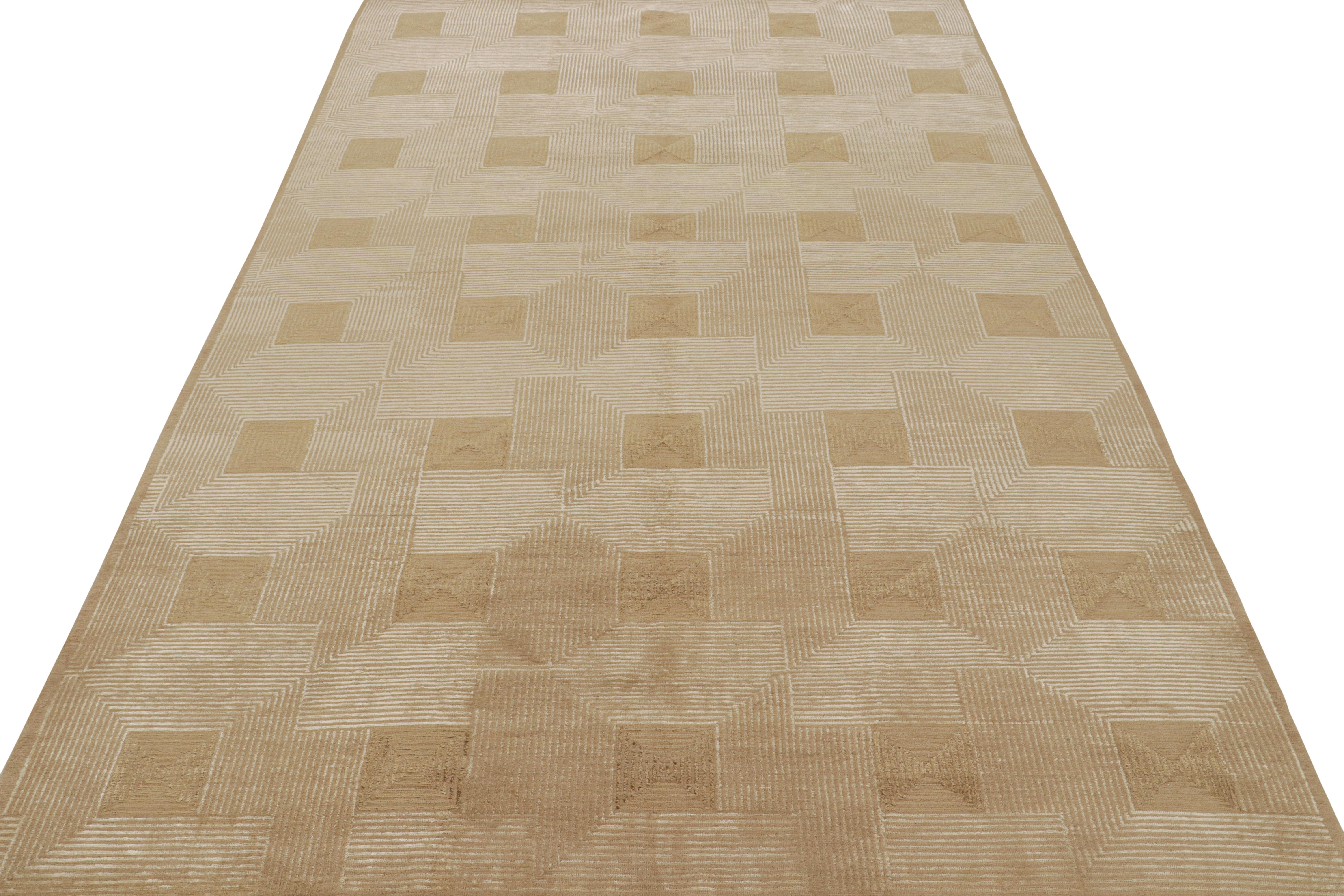 Nepalese Rug & Kilim’s Cubist Art Deco Style Rug in Beige-Brown Geometric Patterns For Sale