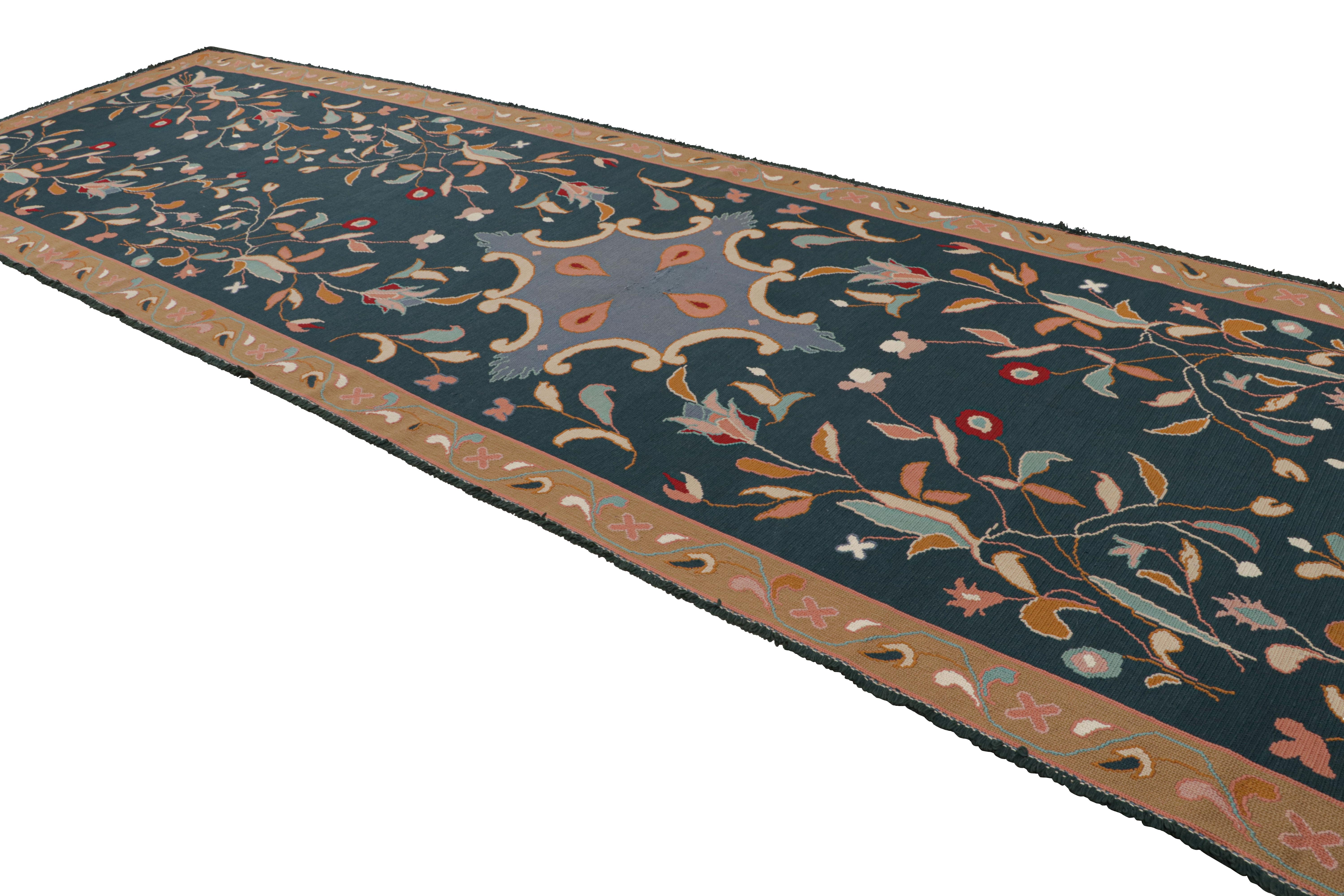 Portuguese Vintage Arraiolos Runner Rug in Blue With Floral Patterns, From Rug & Kilim For Sale