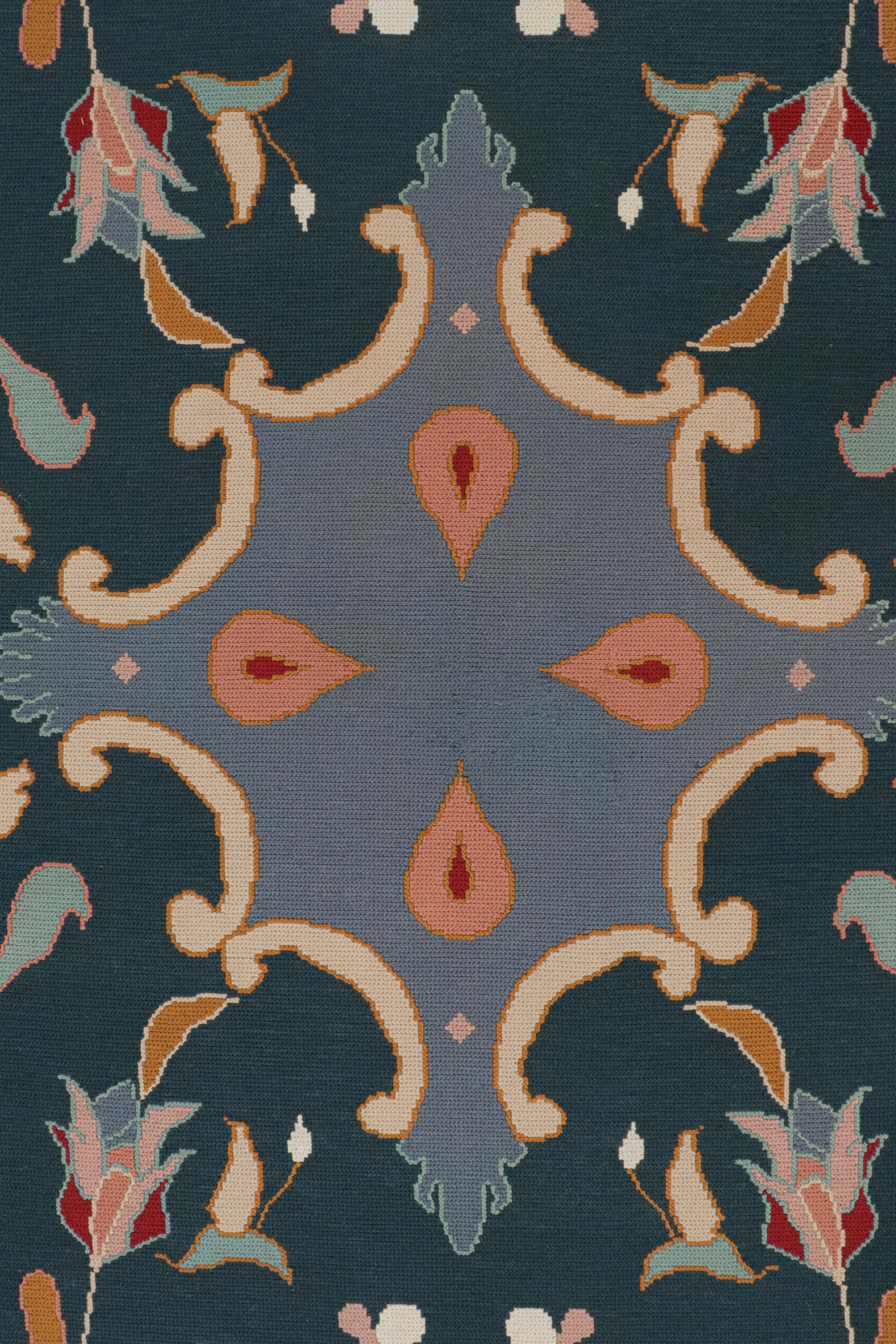 Hand-Knotted Vintage Arraiolos Runner Rug in Blue With Floral Patterns, From Rug & Kilim For Sale