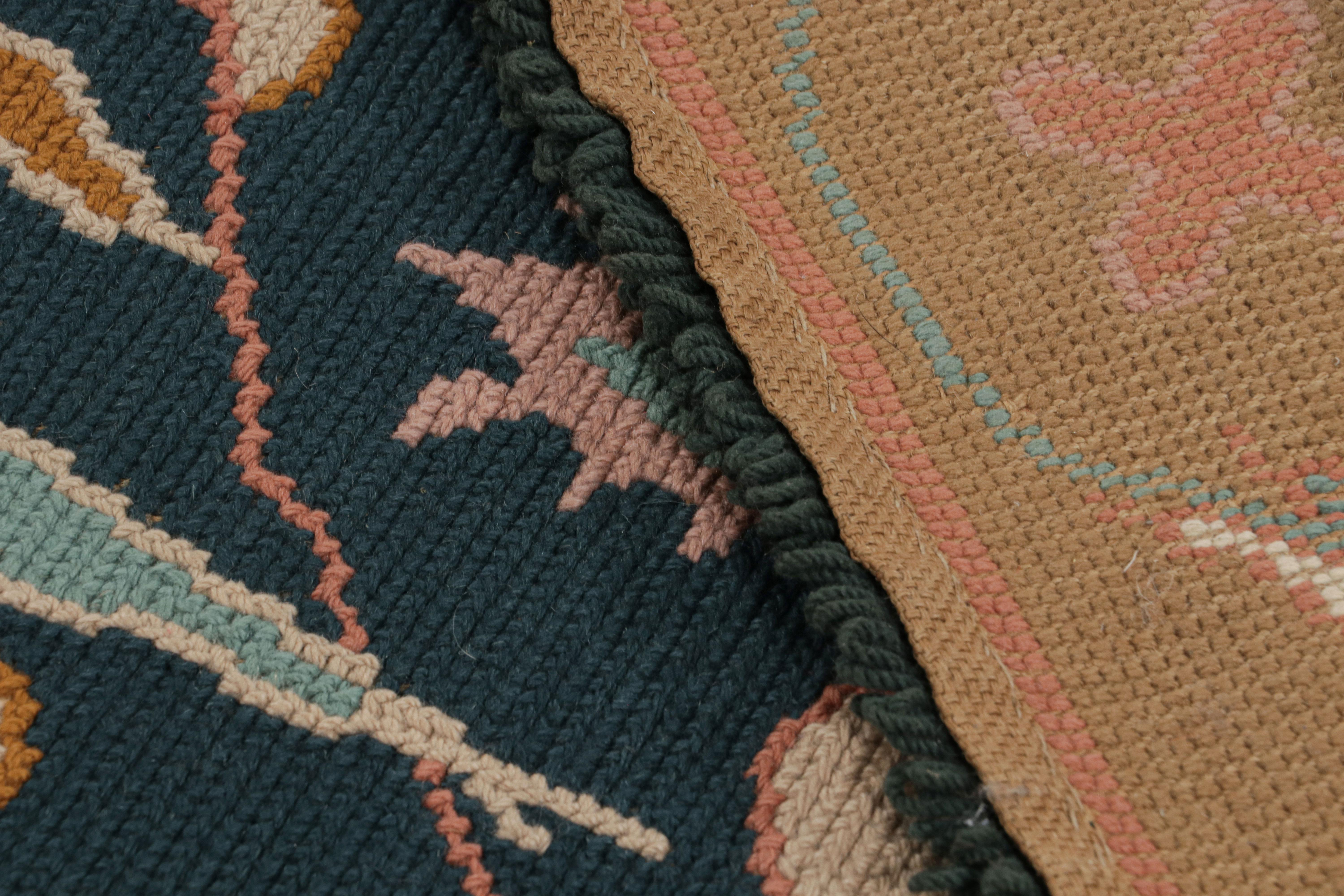 Contemporary Vintage Arraiolos Runner Rug in Blue With Floral Patterns, From Rug & Kilim For Sale