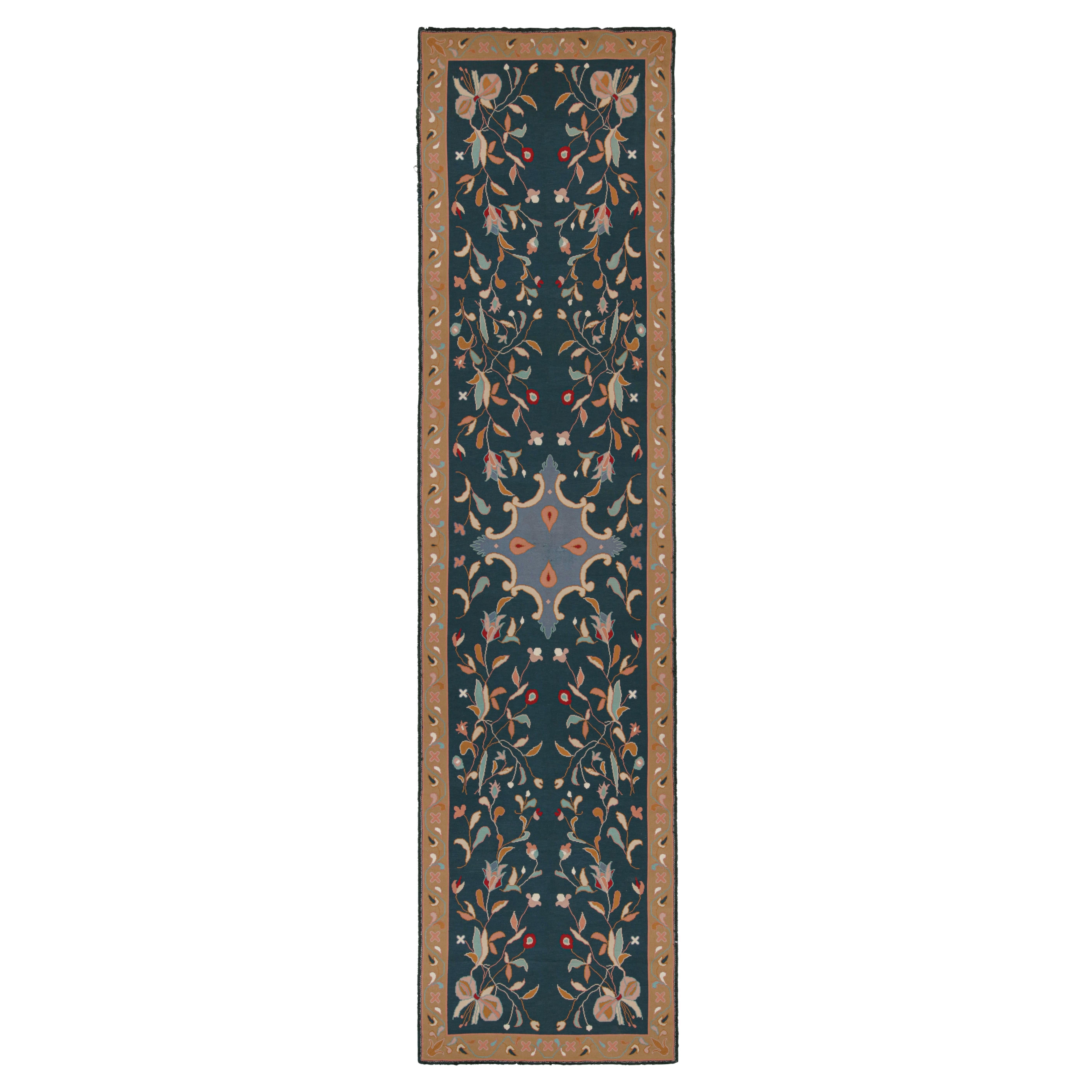 Vintage Arraiolos Runner Rug in Blue With Floral Patterns, From Rug & Kilim For Sale