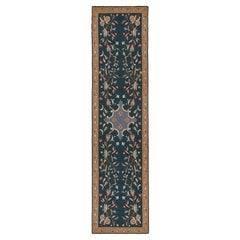 Vintage Arraiolos Runner Rug in Blue With Floral Patterns, From Rug & Kilim