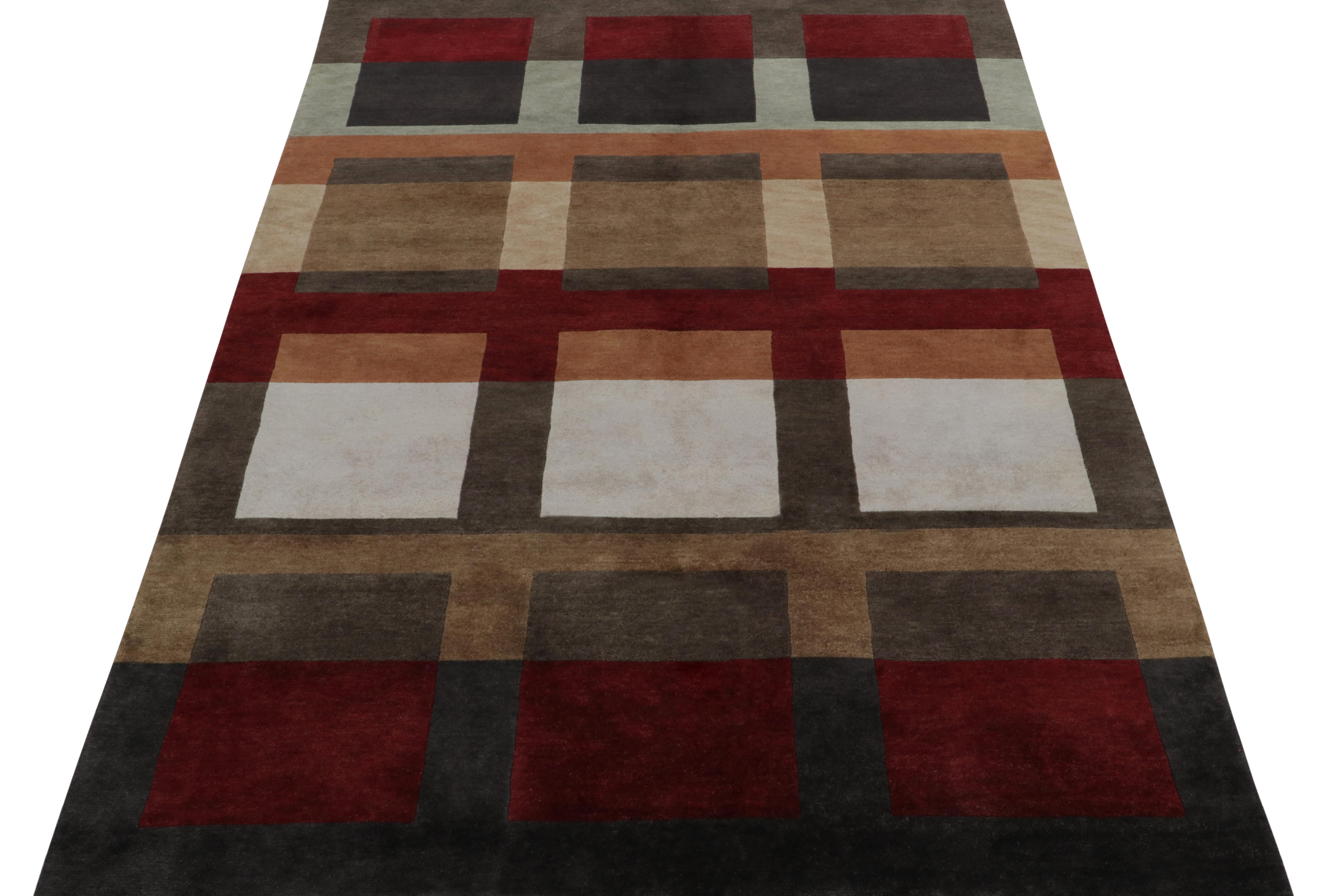 Art Deco Rug & Kilim’s Cubist Deco Style Rug in Grey, Brown and Red Geometric Pattern For Sale