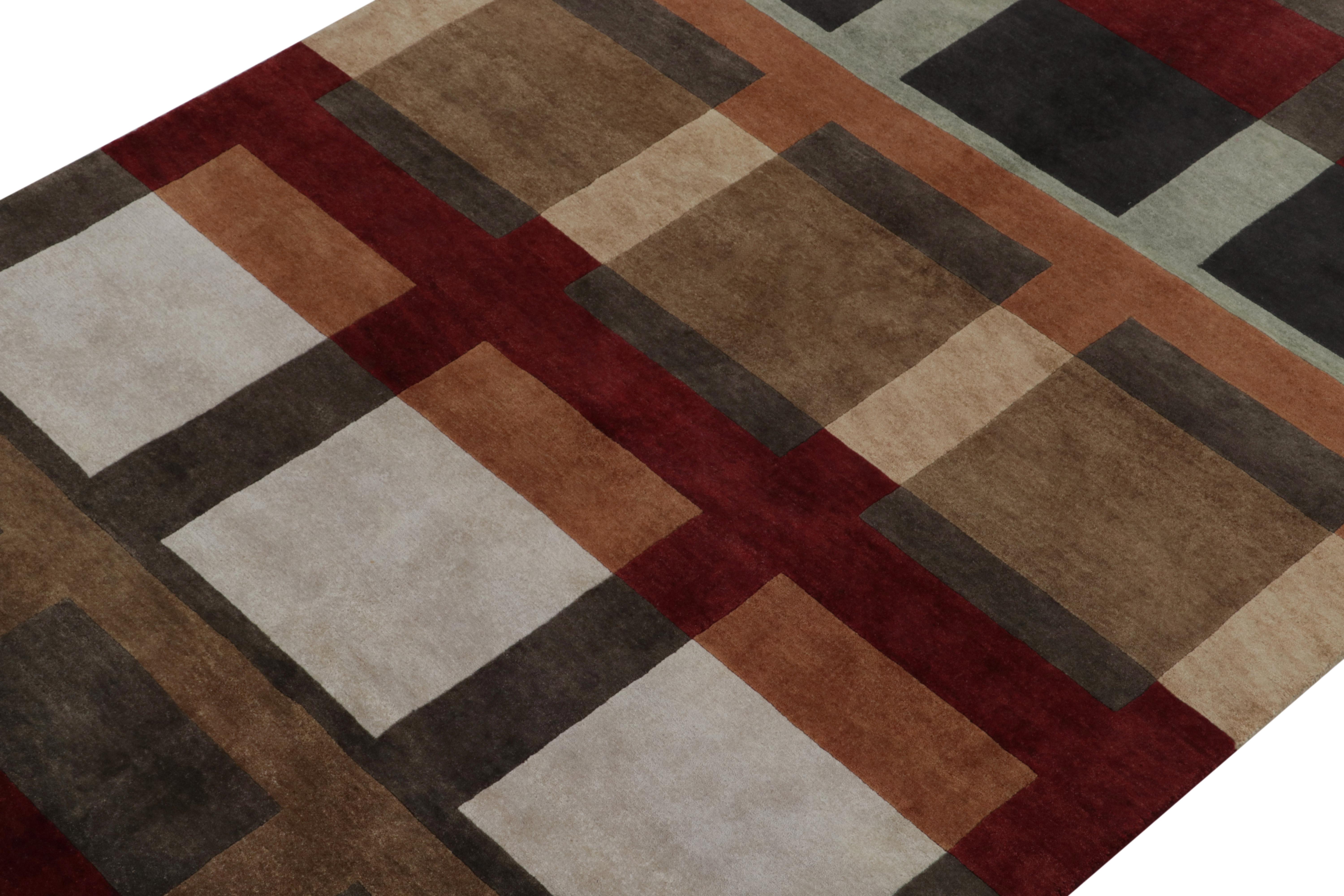 Nepalese Rug & Kilim’s Cubist Deco Style Rug in Grey, Brown and Red Geometric Pattern For Sale