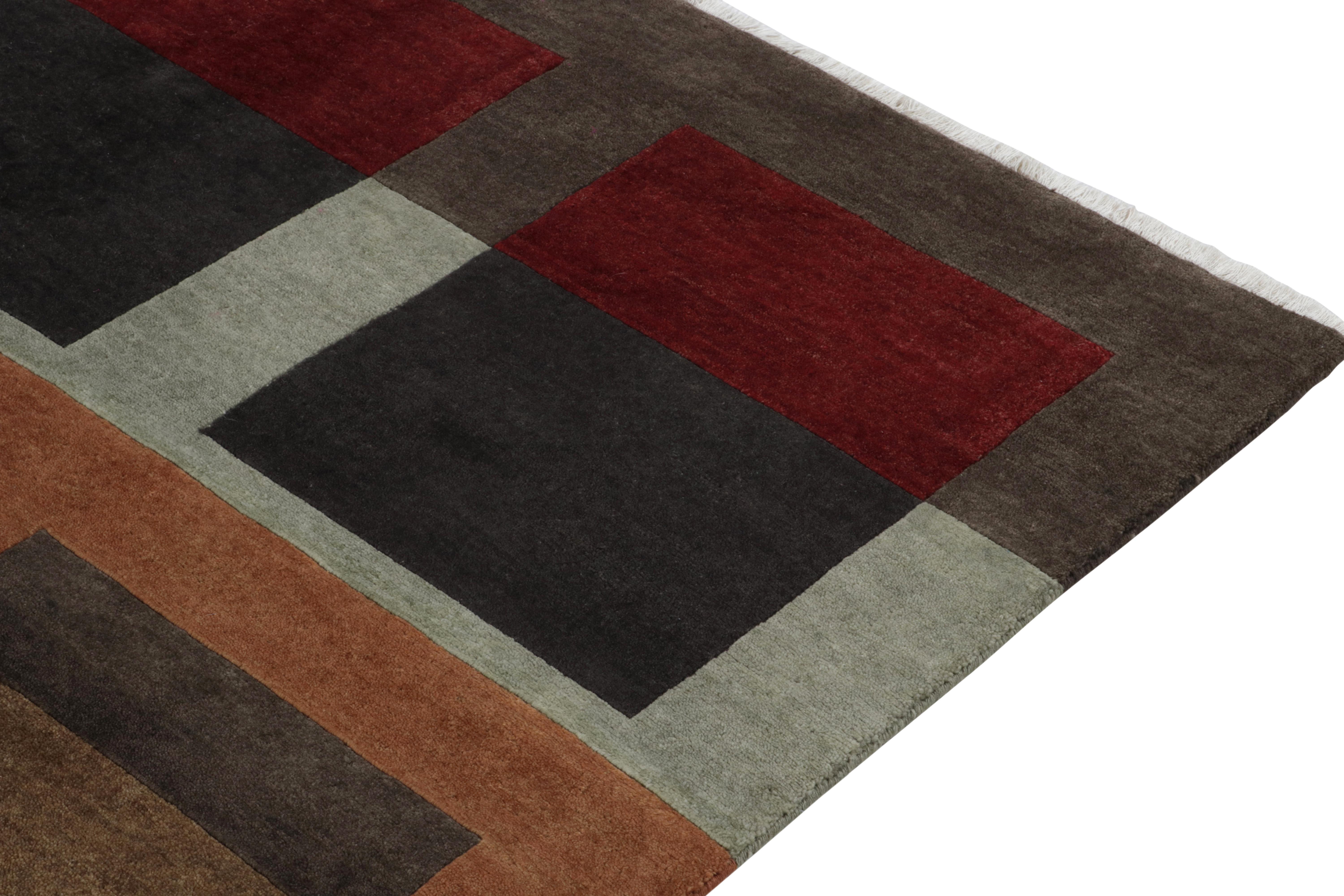Hand-Knotted Rug & Kilim’s Cubist Deco Style Rug in Grey, Brown and Red Geometric Pattern For Sale