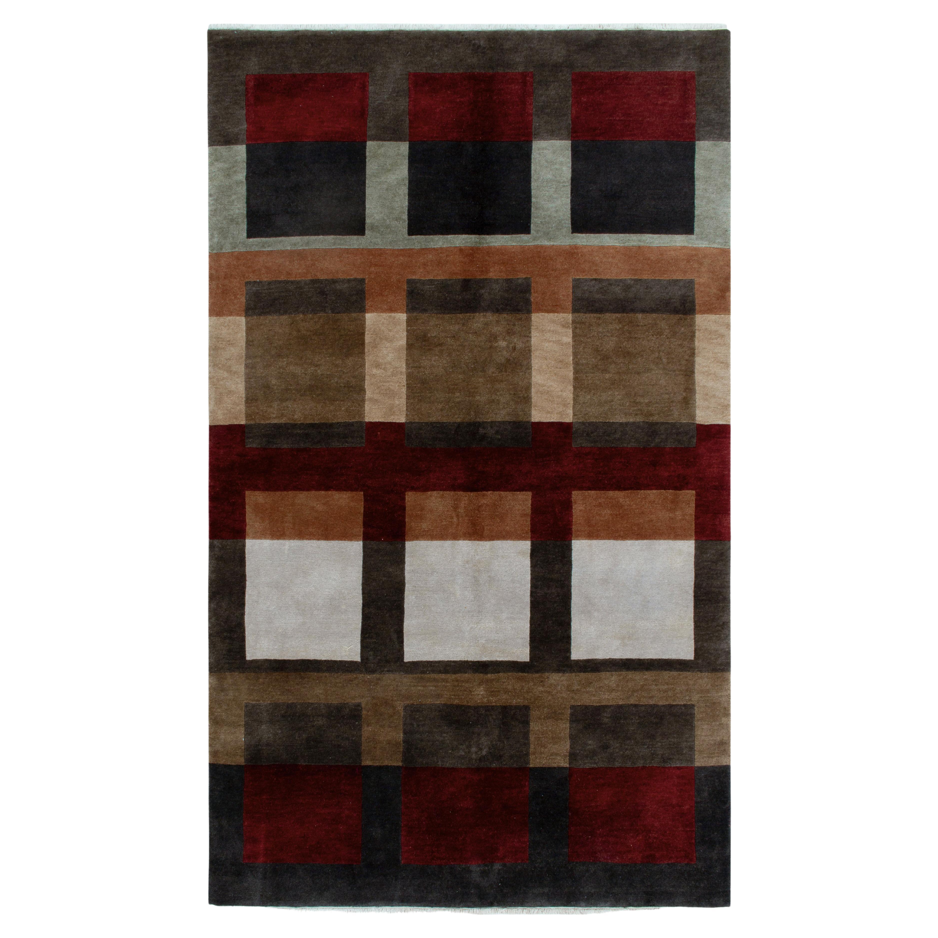 Rug & Kilim’s Cubist Deco Style Rug in Grey, Brown and Red Geometric Pattern For Sale