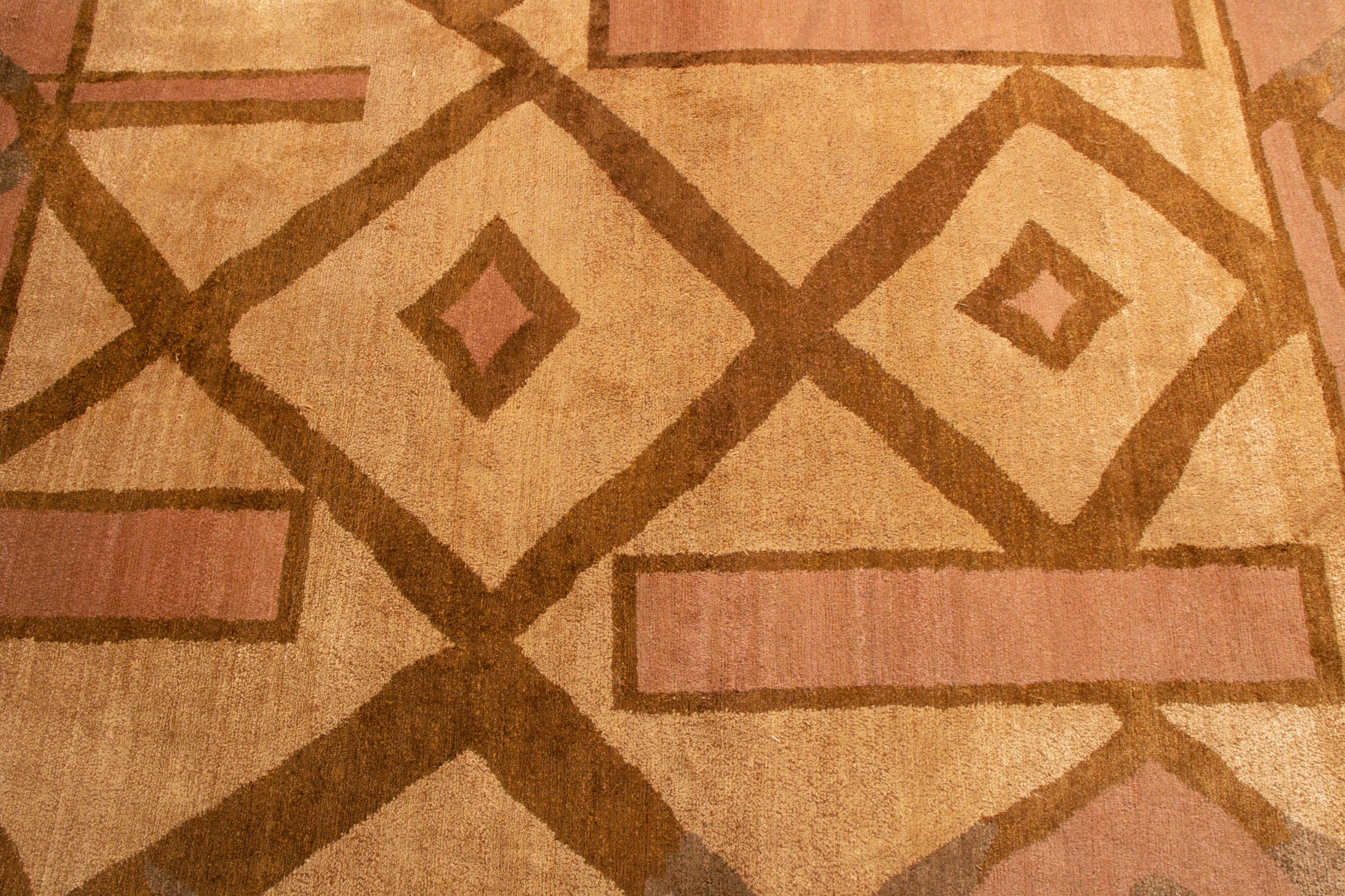 Nepalese Rug & Kilim's Cubist Style Rug Beige-Brown and Pink Wool-Silk Rug For Sale
