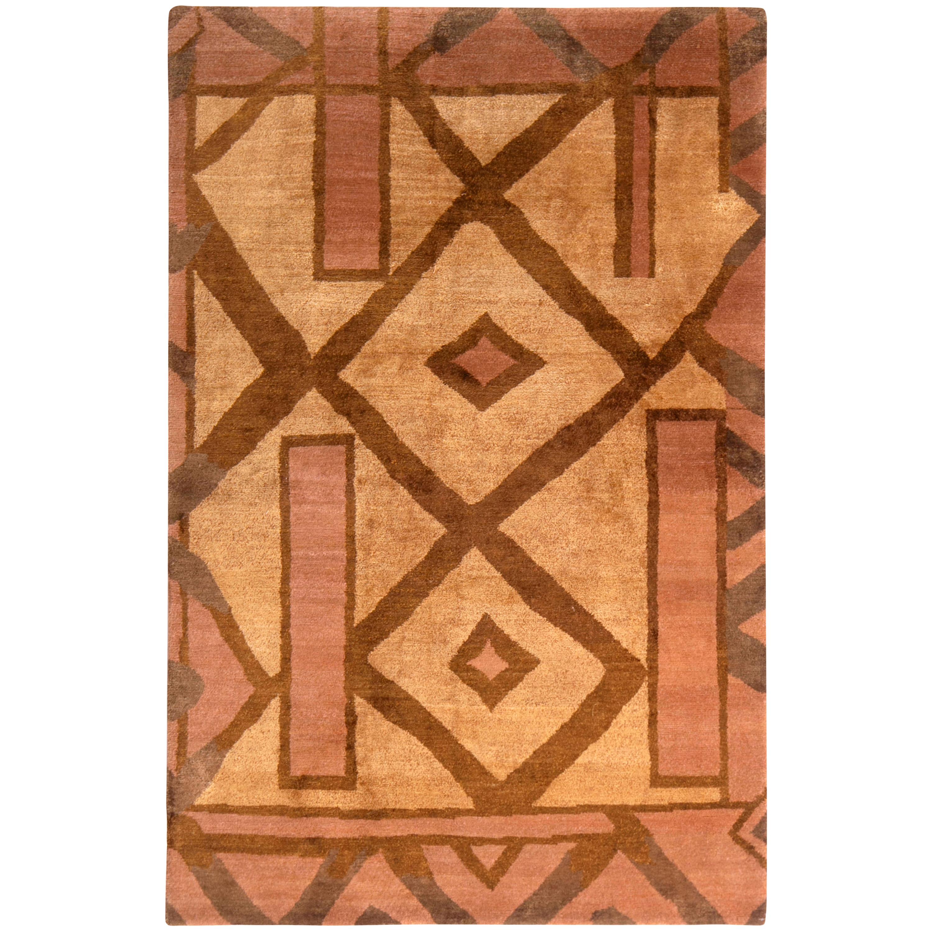 Rug & Kilim's Cubist Style Rug Beige-Brown and Pink Wool-Silk Rug For Sale