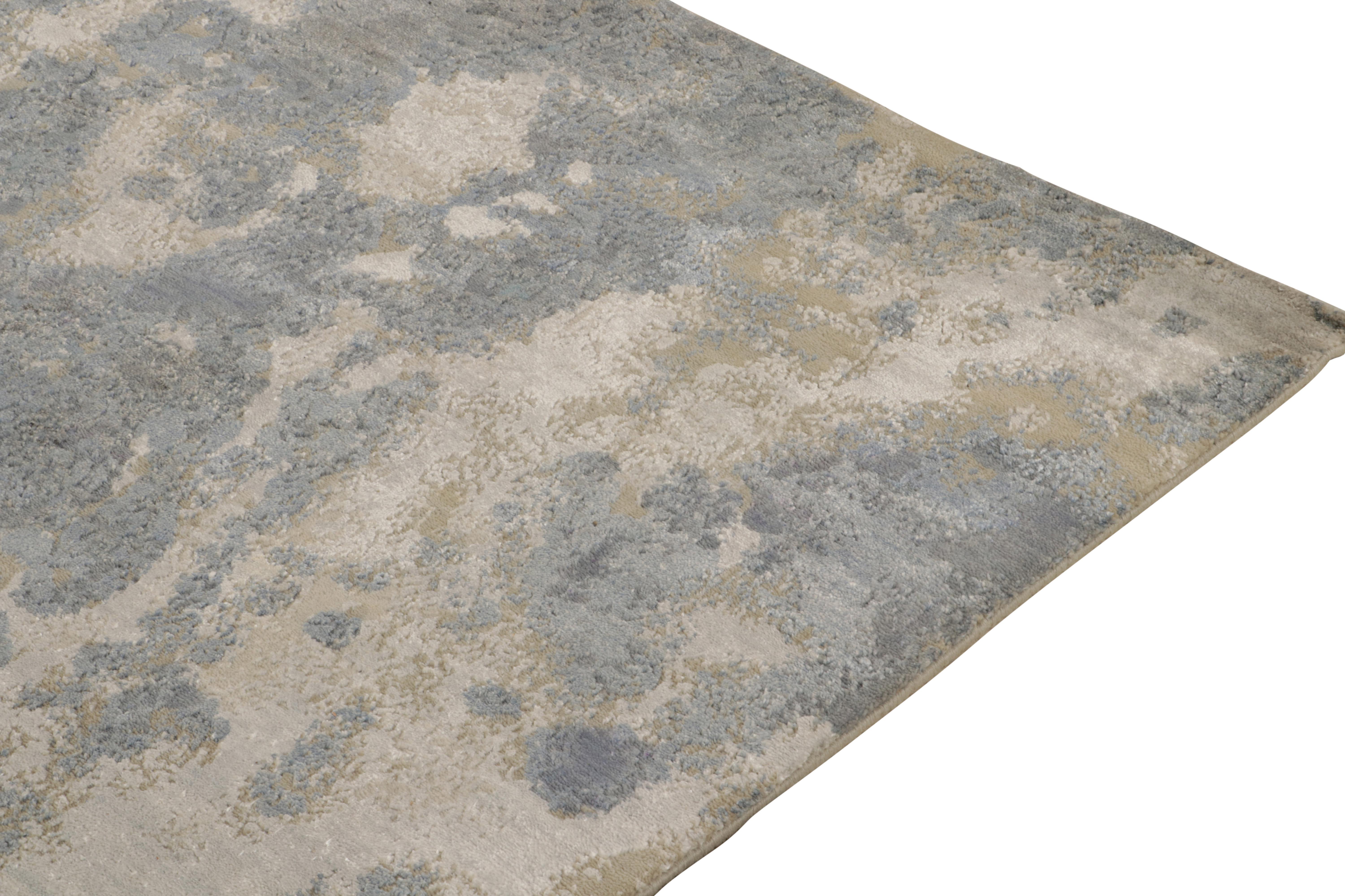 Hand-Knotted Rug & Kilim’s Custom Abstract Runner in Textural Blue and Silver-Gray Patters For Sale