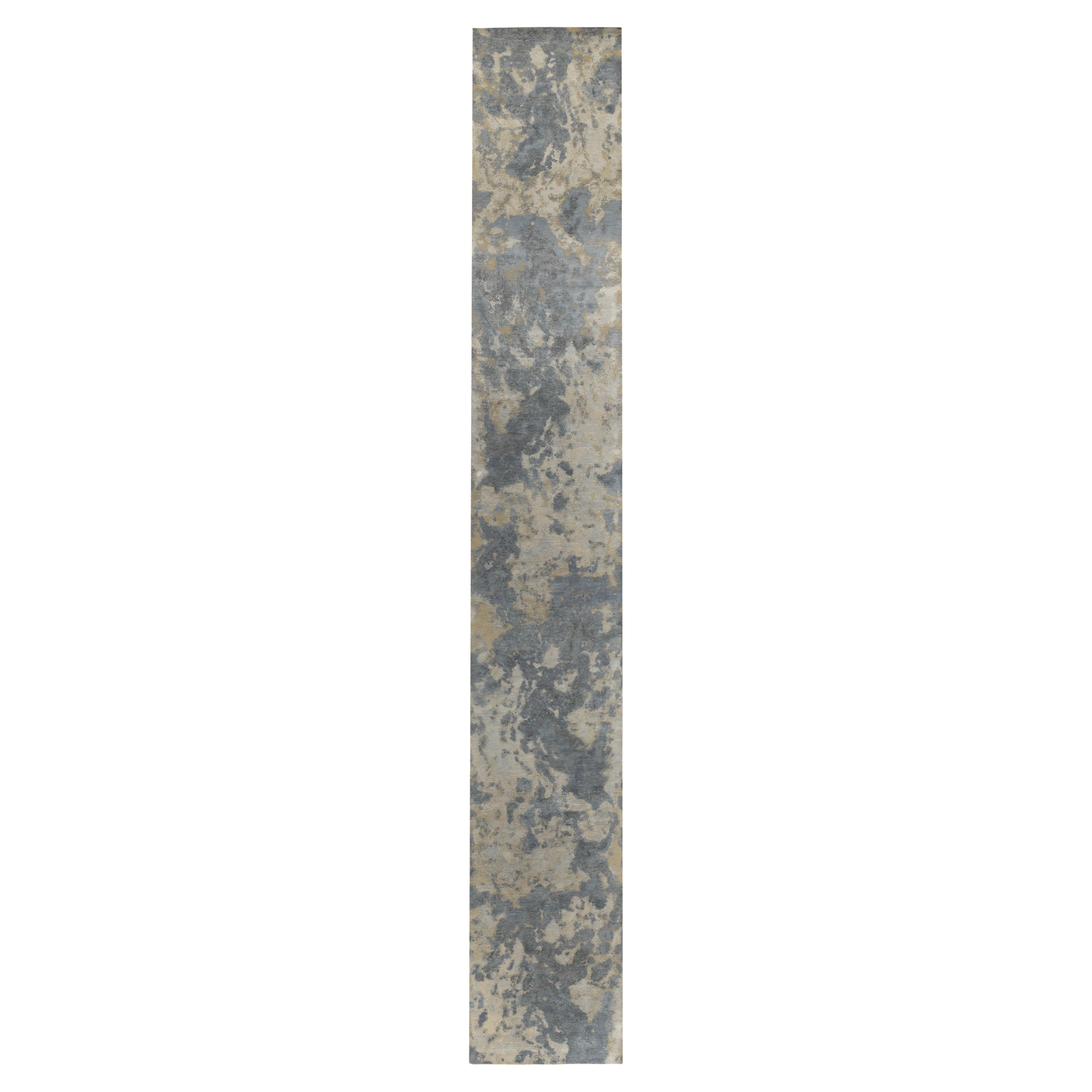 Rug & Kilim’s Custom Abstract Runner in Textural Blue and Silver-Gray Patters