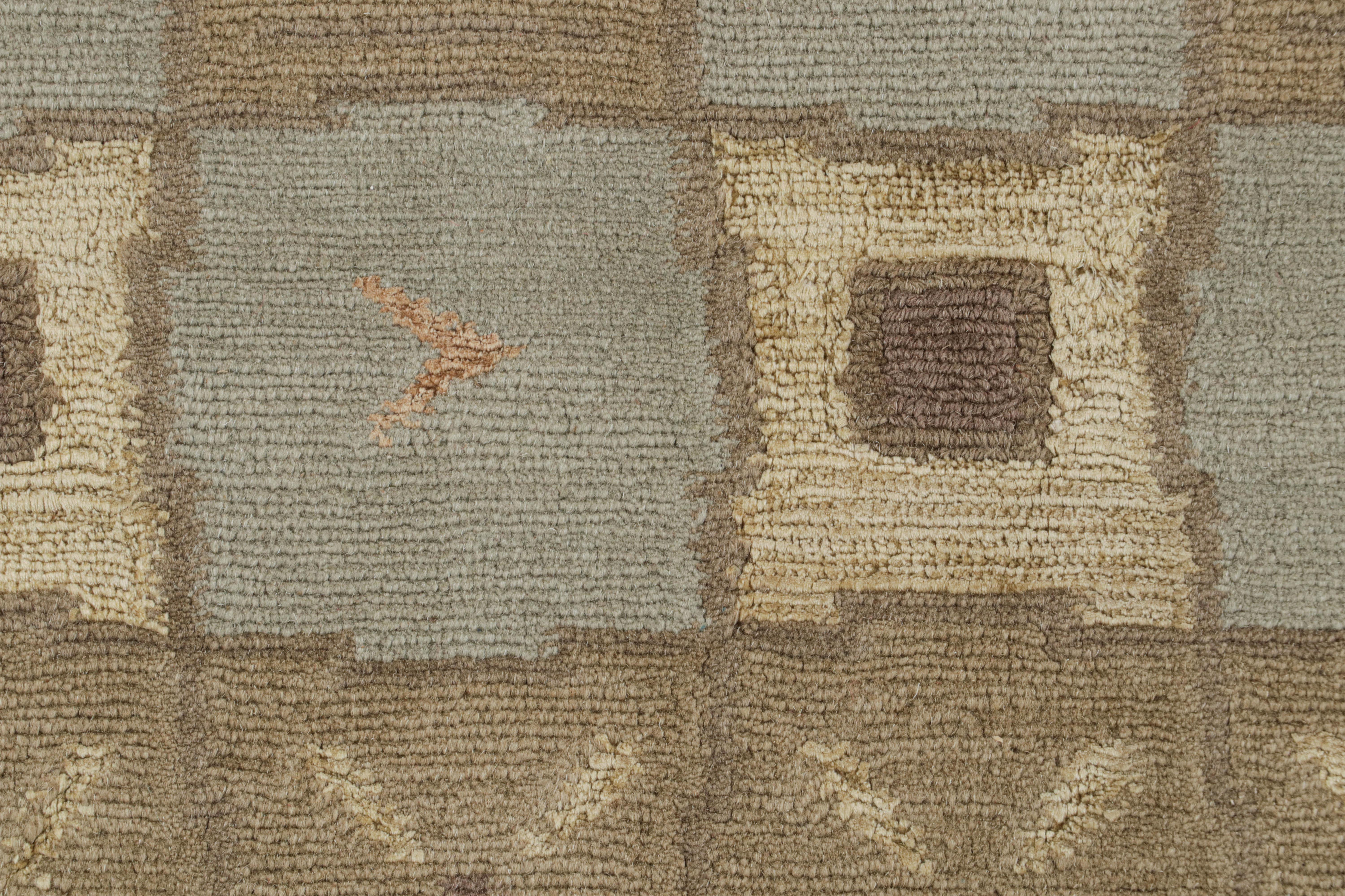 Nepalese Rug & Kilim’s Custom Art Deco Geometric Blue and Beige Wool and Silk Runner For Sale