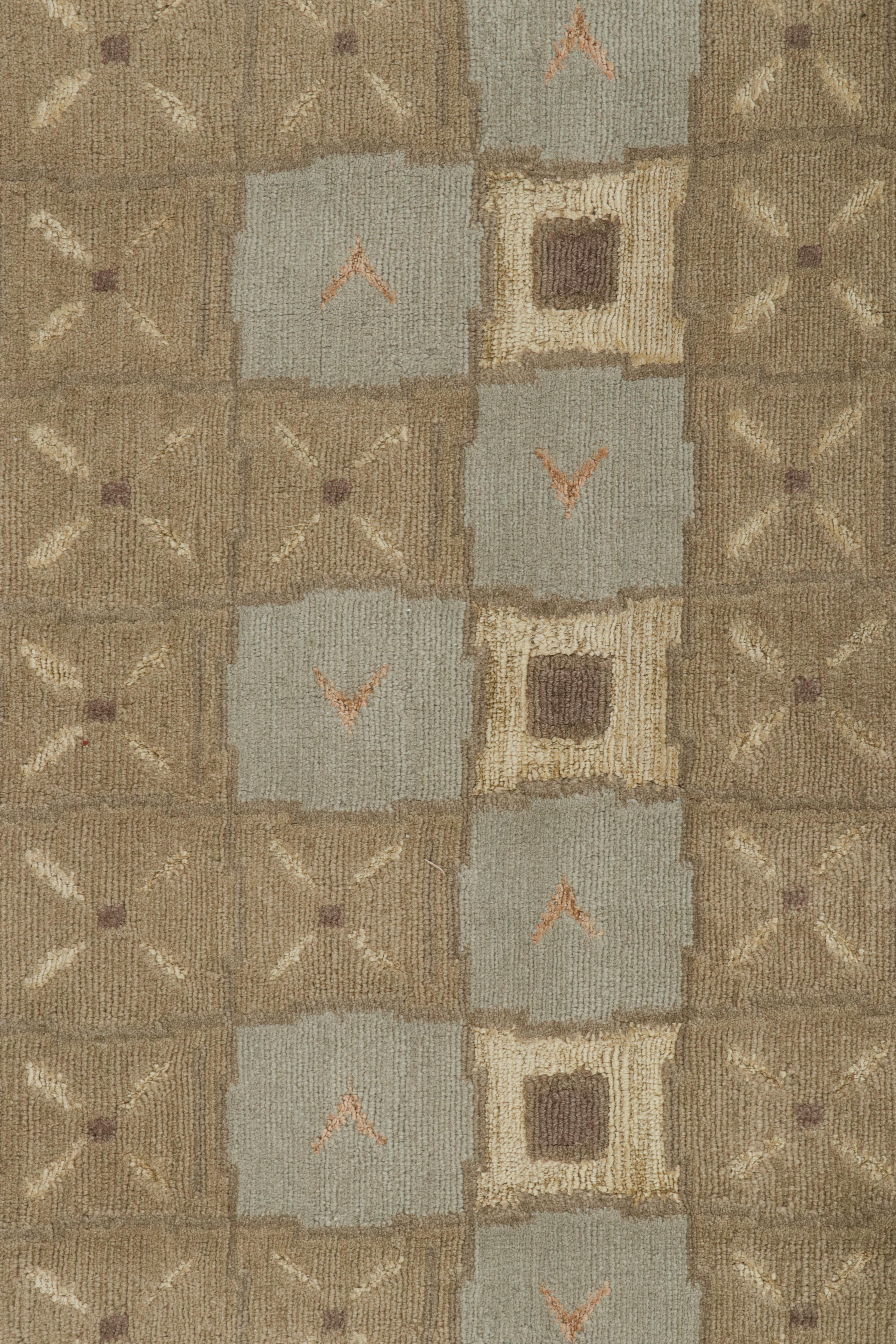 Rug & Kilim’s Custom Art Deco Geometric Blue and Beige Wool and Silk Runner For Sale 1