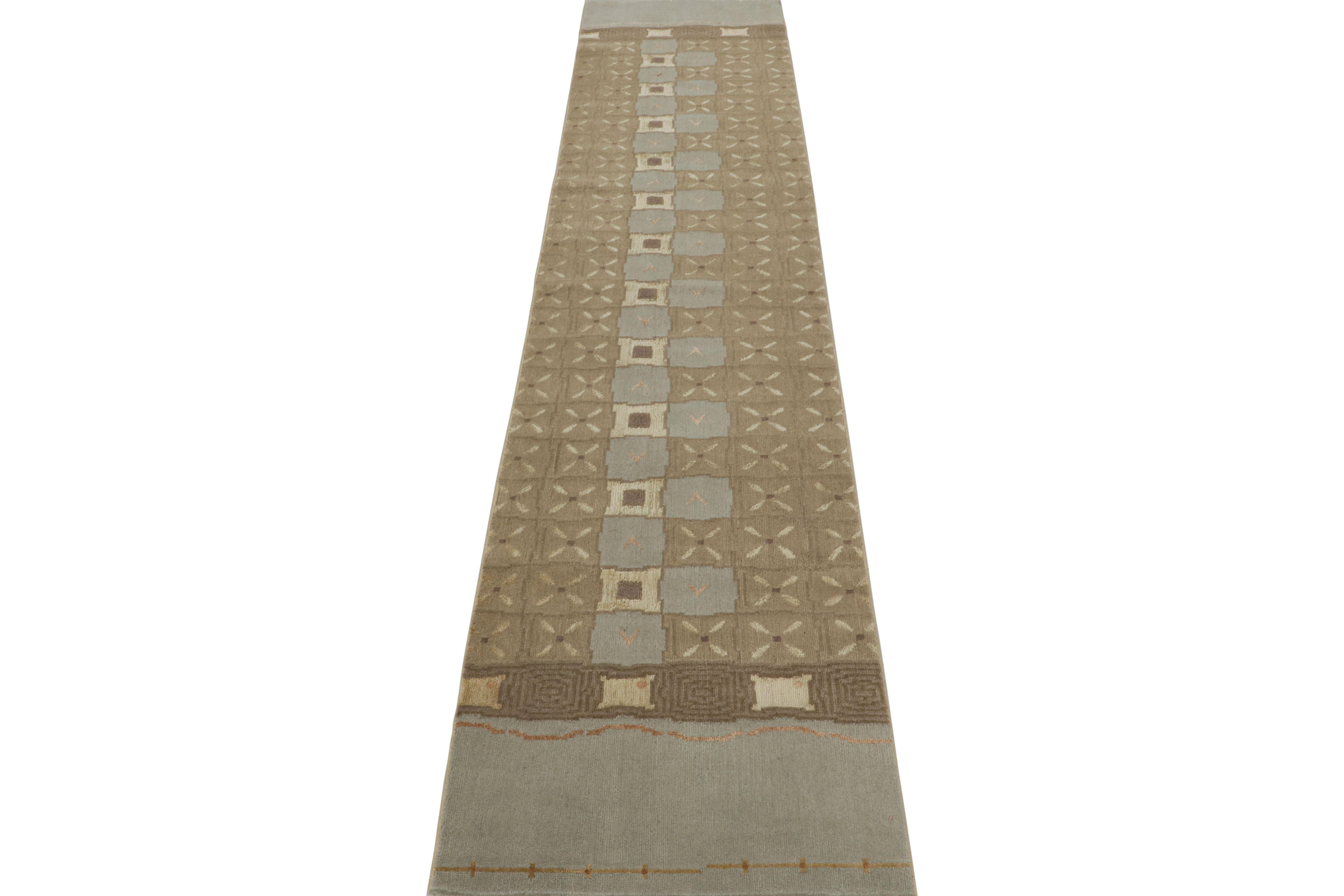 Rug & Kilim’s Custom Art Deco Geometric Blue and Beige Wool and Silk Runner In New Condition For Sale In Long Island City, NY