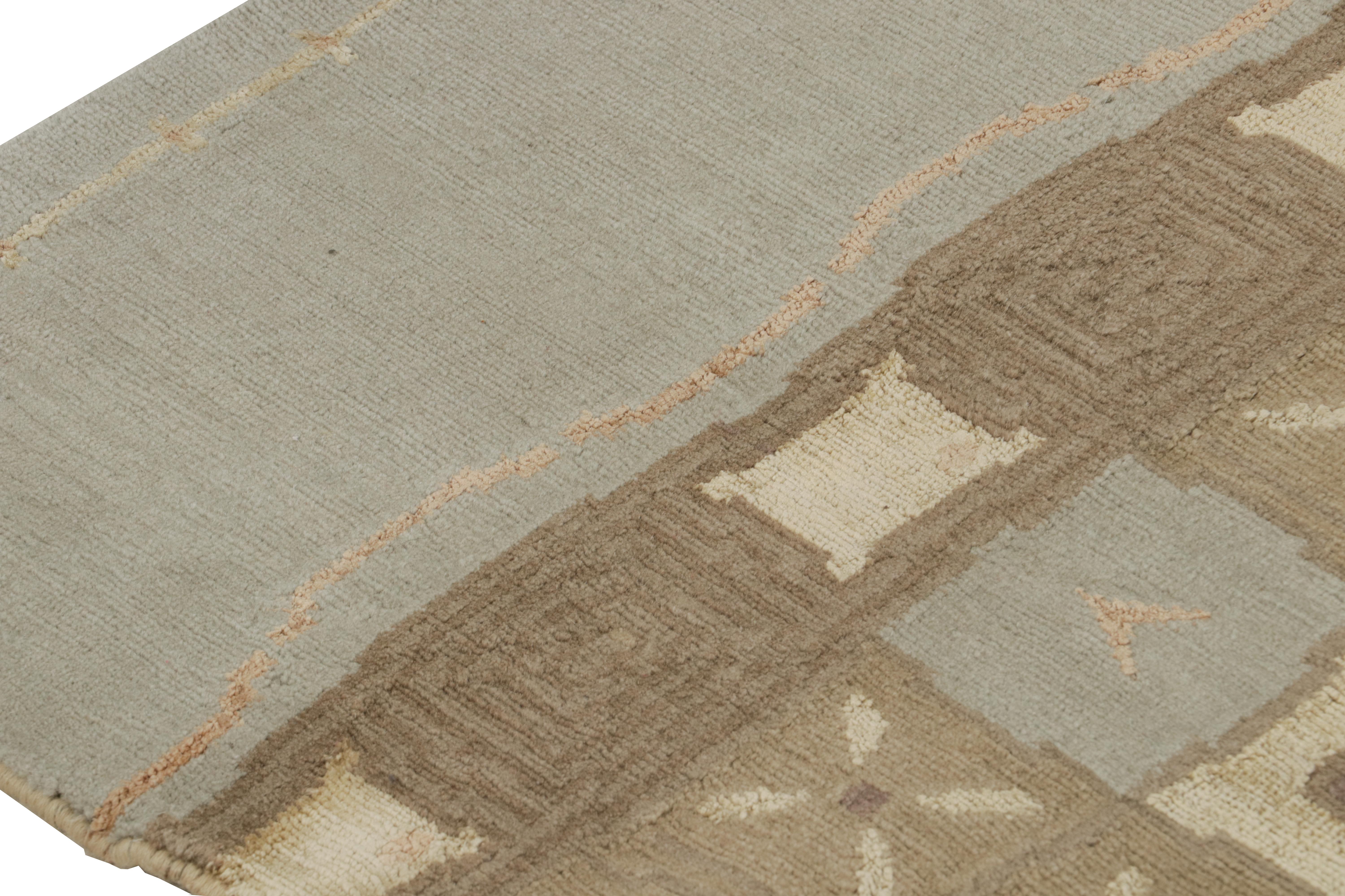 Contemporary Rug & Kilim’s Custom Art Deco Geometric Blue and Beige Wool and Silk Runner For Sale