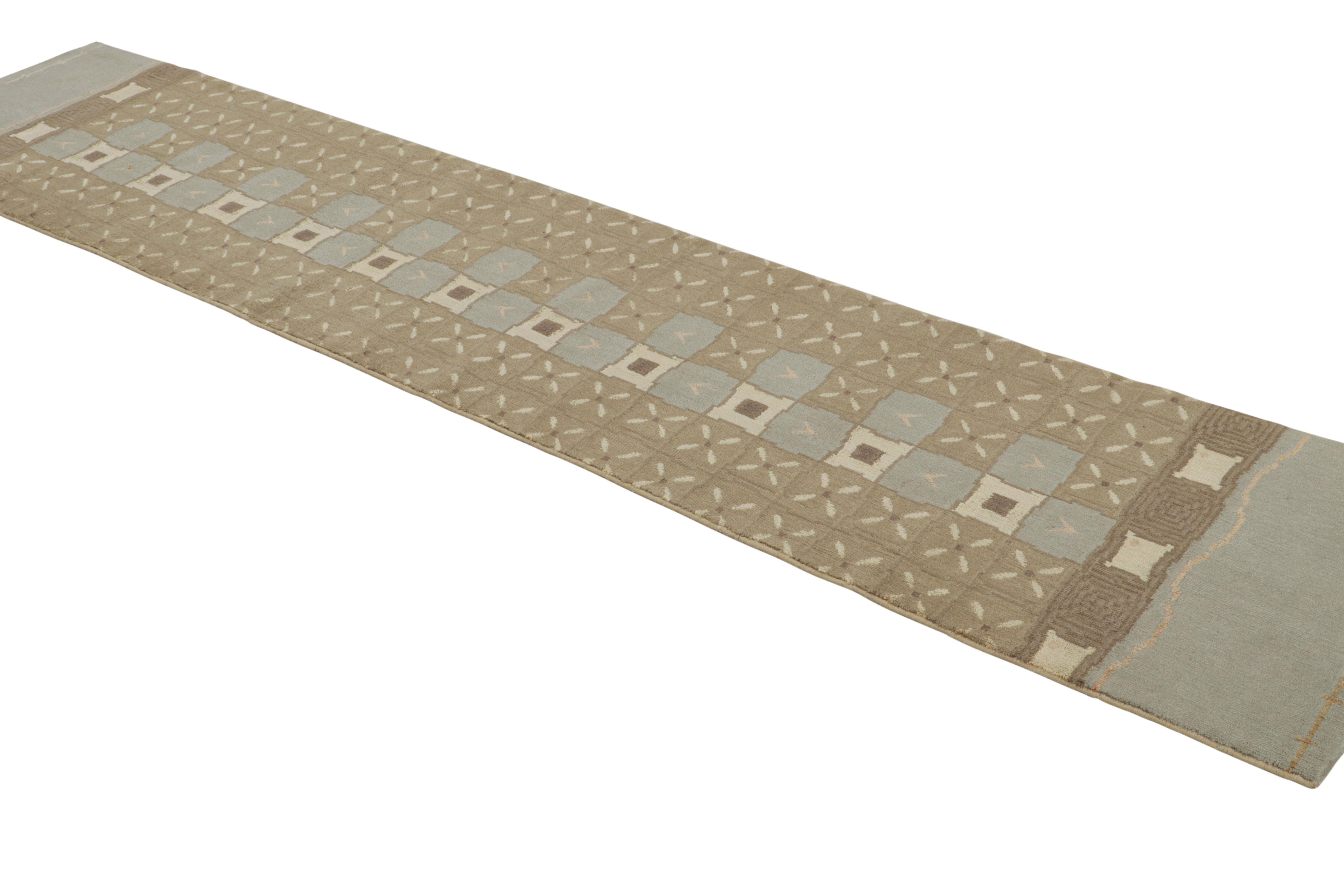 Hand-Knotted Rug & Kilim’s Custom Art Deco Geometric Blue and Beige Wool and Silk Runner For Sale