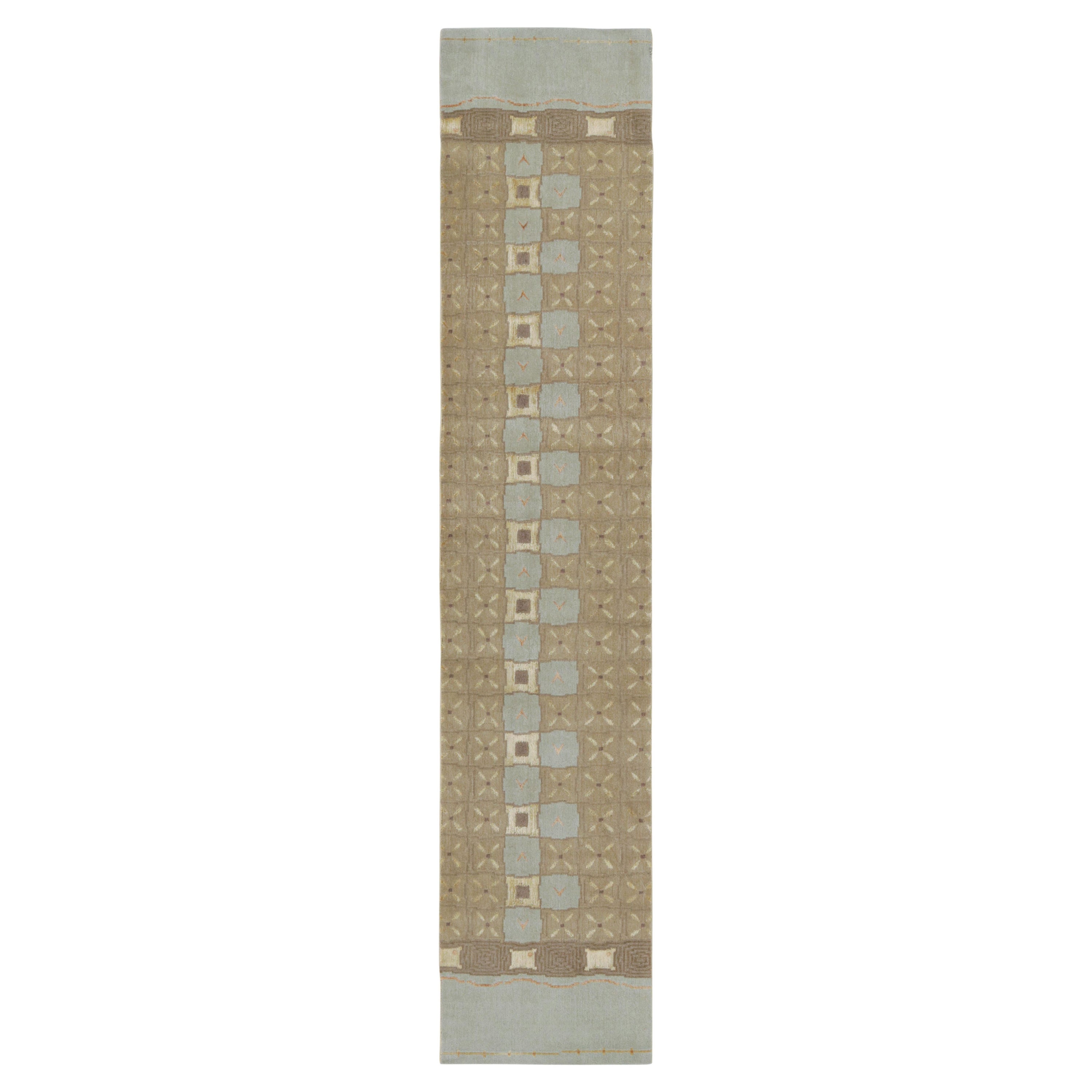 Tapis & Kilim's Custom Art Deco Geometric Blue and Beige Wool and Silk Runner (Tapis & Kilim's Custom Art Deco Geometric Blue and Beige Wool and Silk Runner)