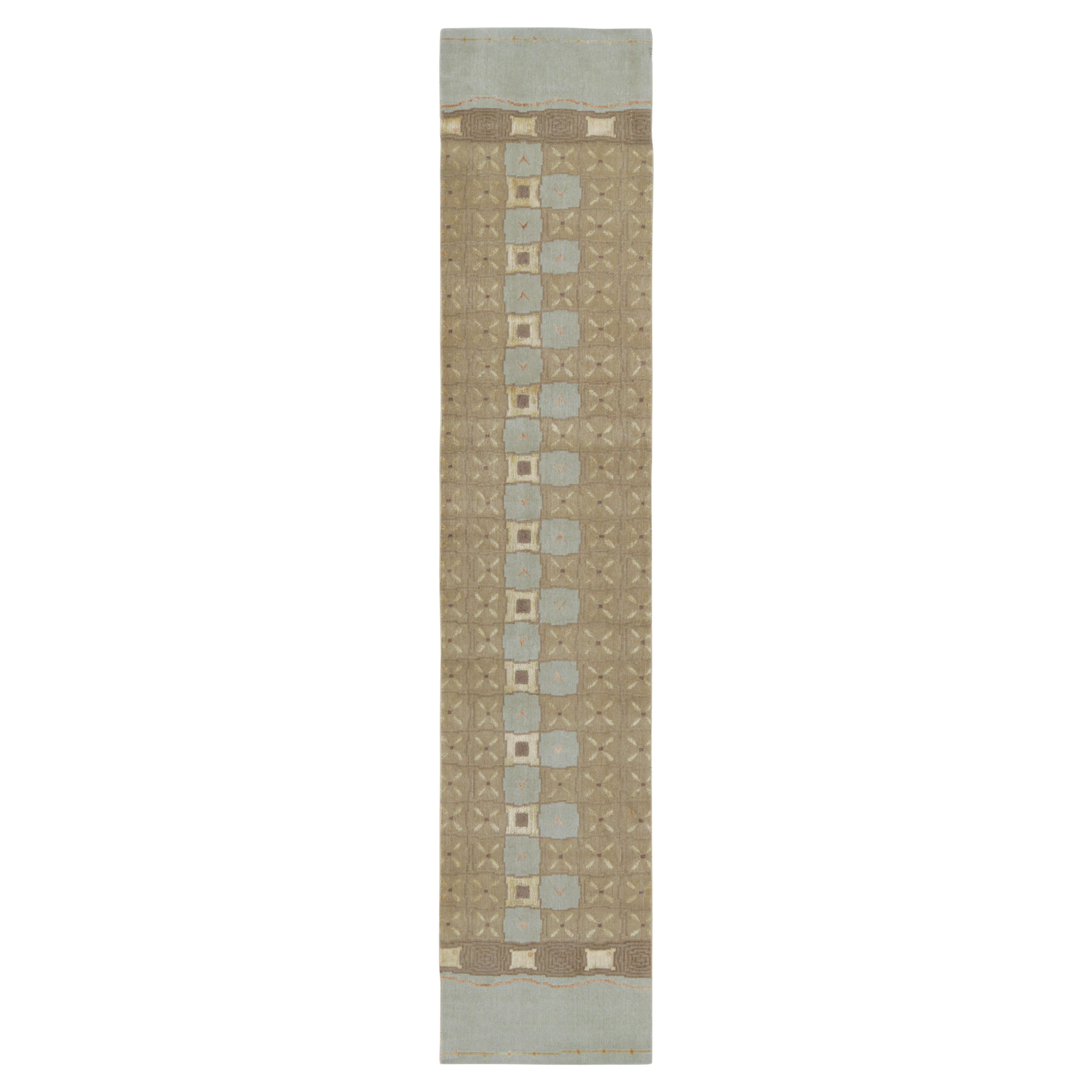 Traves de Mesa Art Deco Geométrico de Lana y Seda Azul y Beige de Rug & Kilim