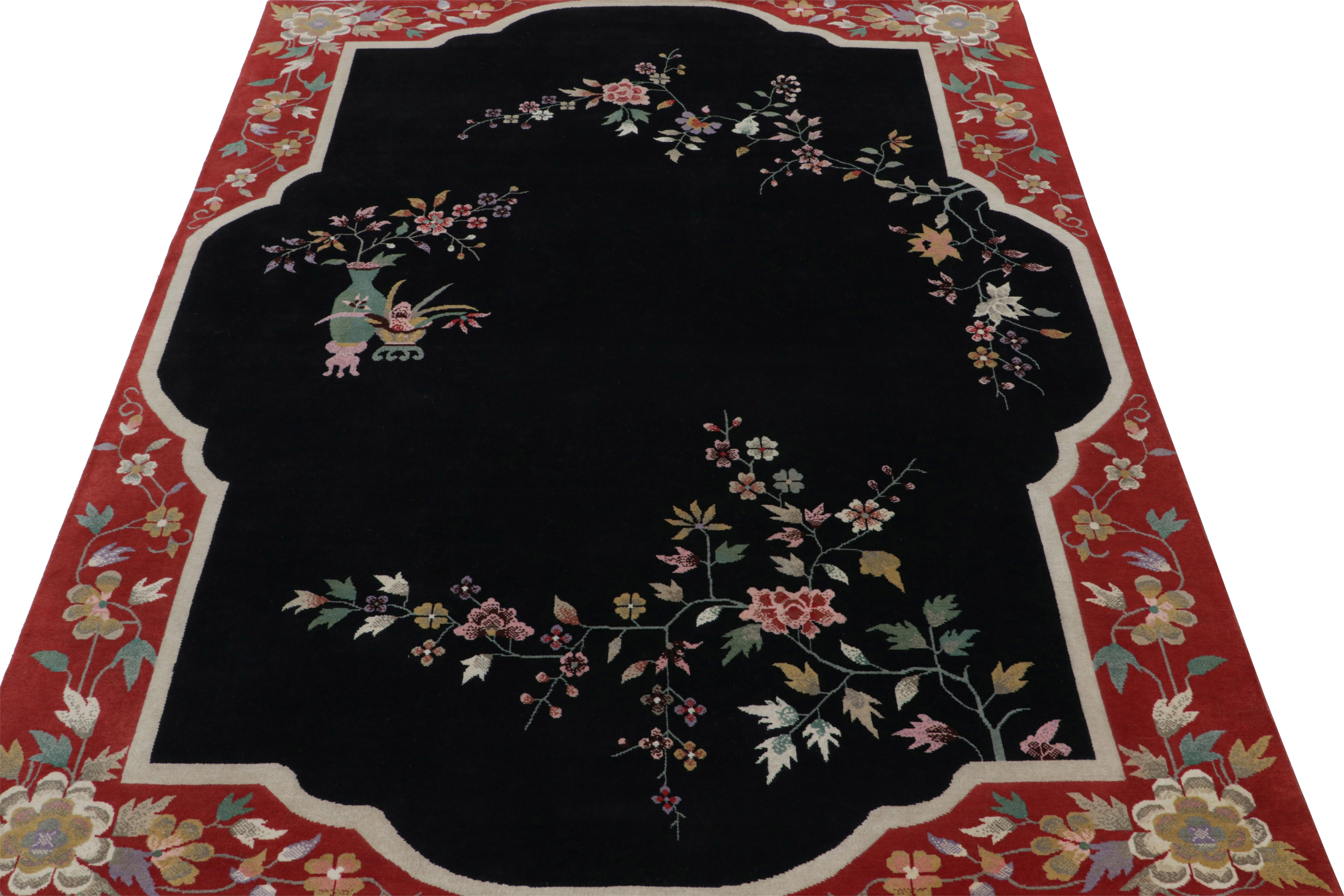 Indian Rug & Kilim’s Chinese Art Deco Style Custom Rug Design with Floral Patterns For Sale