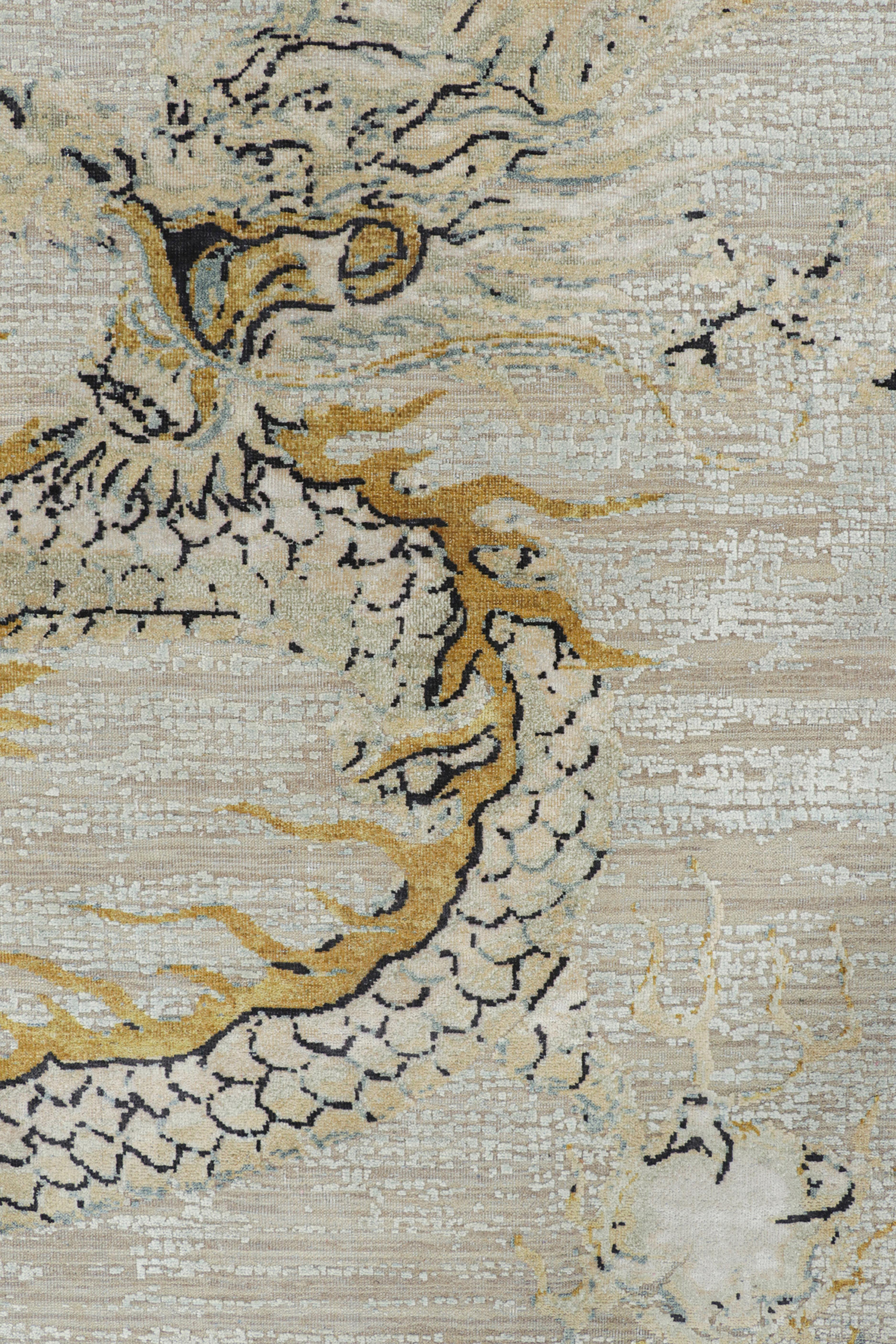 Modern Rug & Kilim’s Custom Dragon Style Rug in White with Dragon Pictorial in Gold For Sale