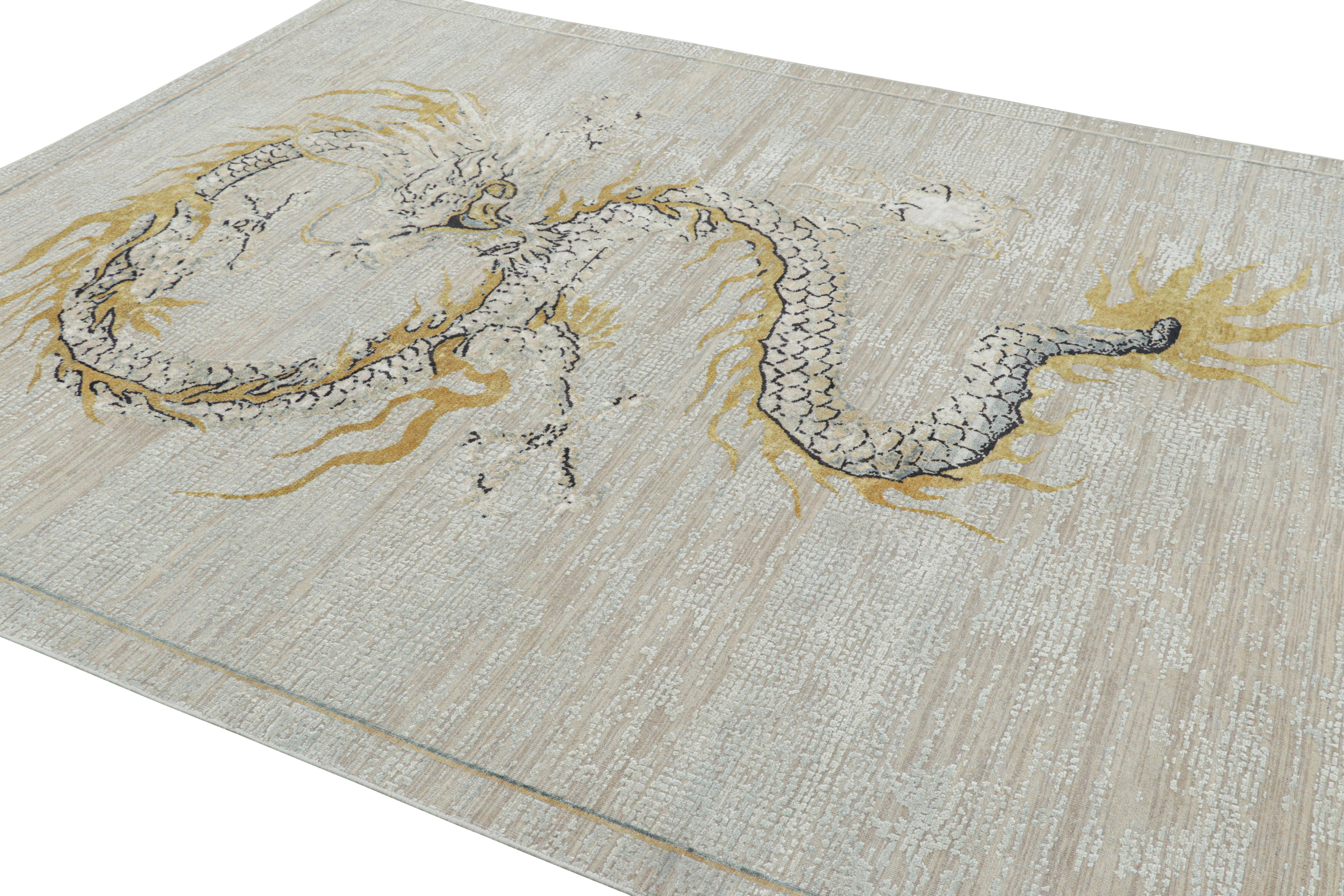 Indian Rug & Kilim’s Custom Dragon Style Rug in White with Dragon Pictorial in Gold For Sale