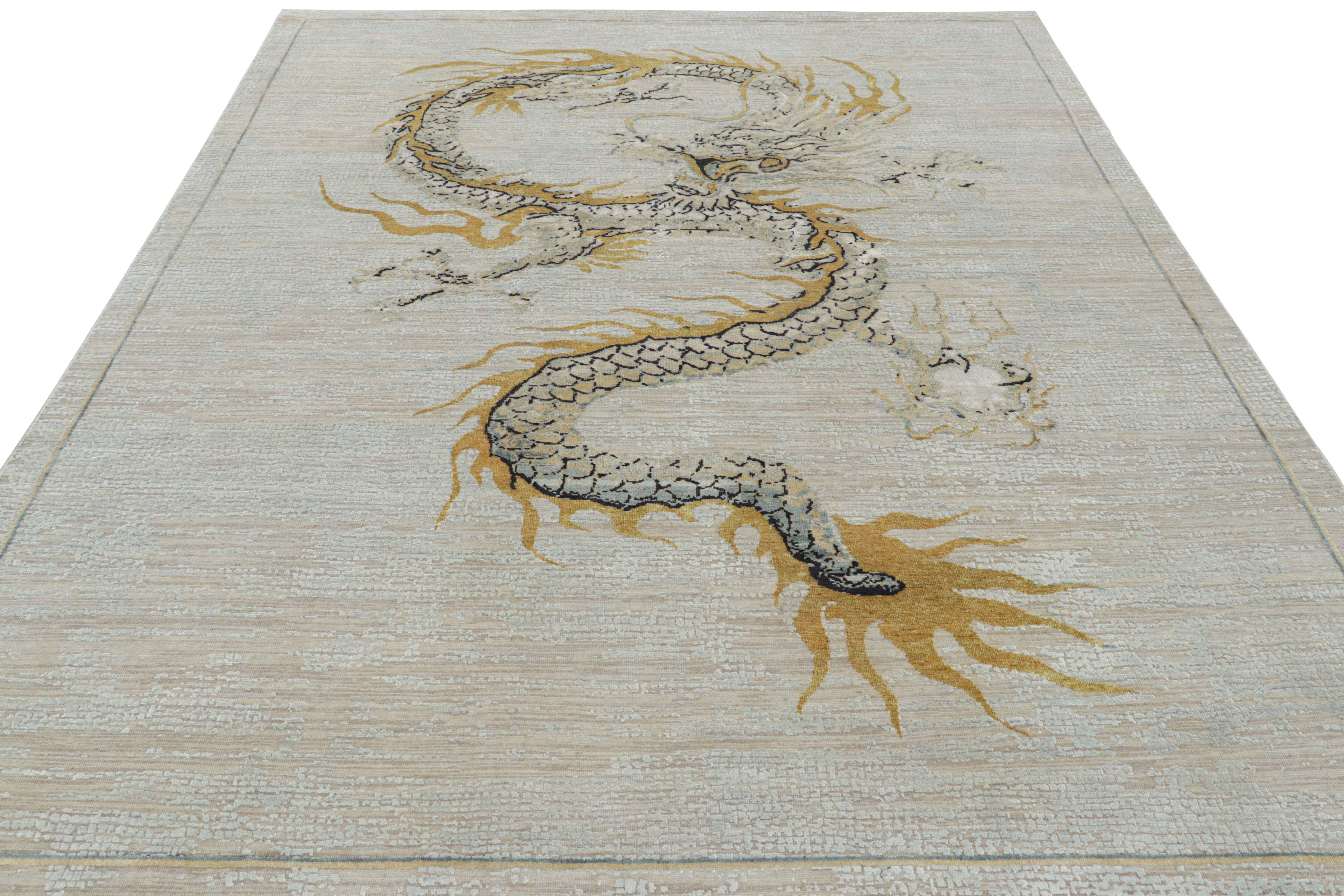 Hand-Knotted Rug & Kilim’s Custom Dragon Style Rug in White with Dragon Pictorial in Gold For Sale