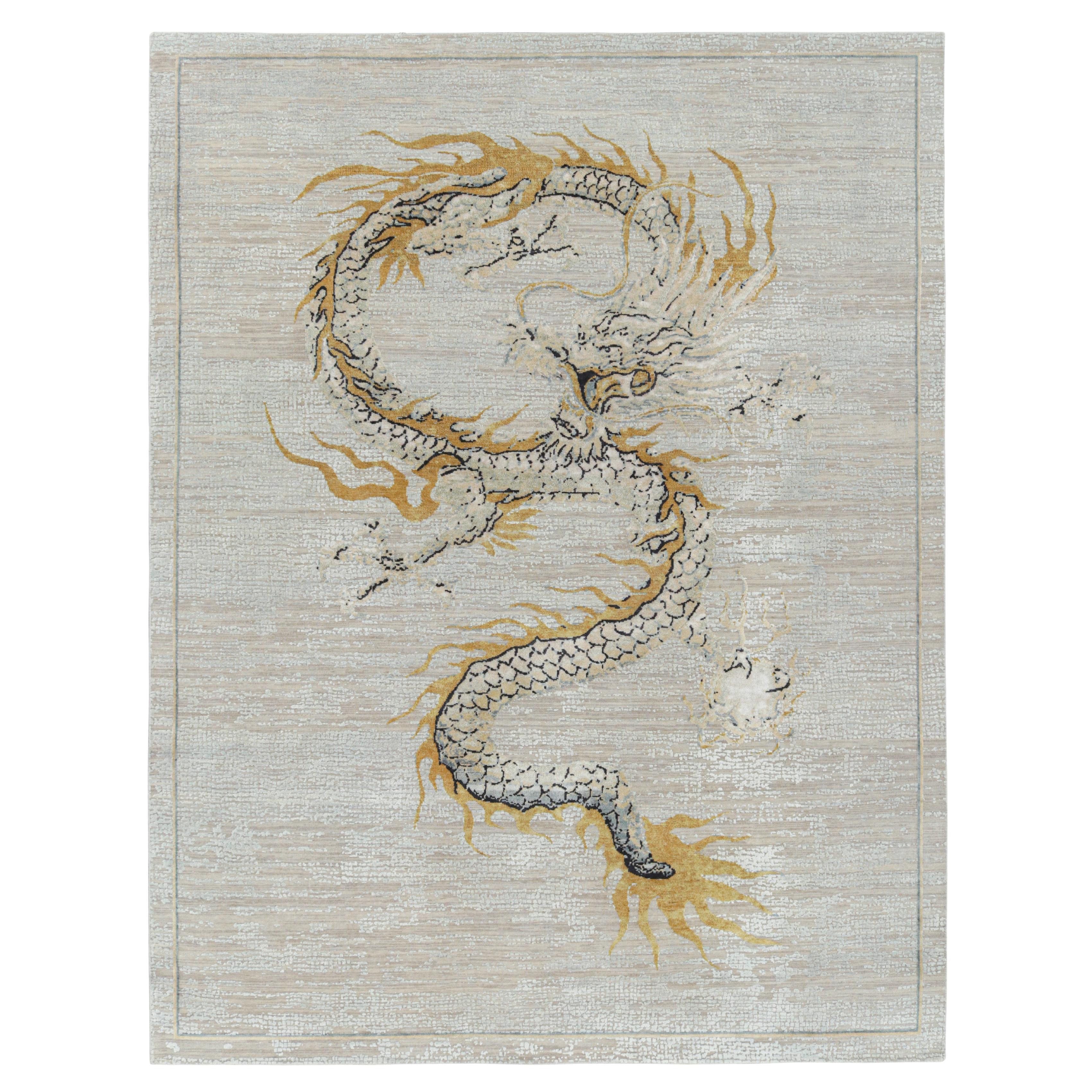 Rug & Kilim’s Custom Dragon Style Rug in White with Dragon Pictorial in Gold