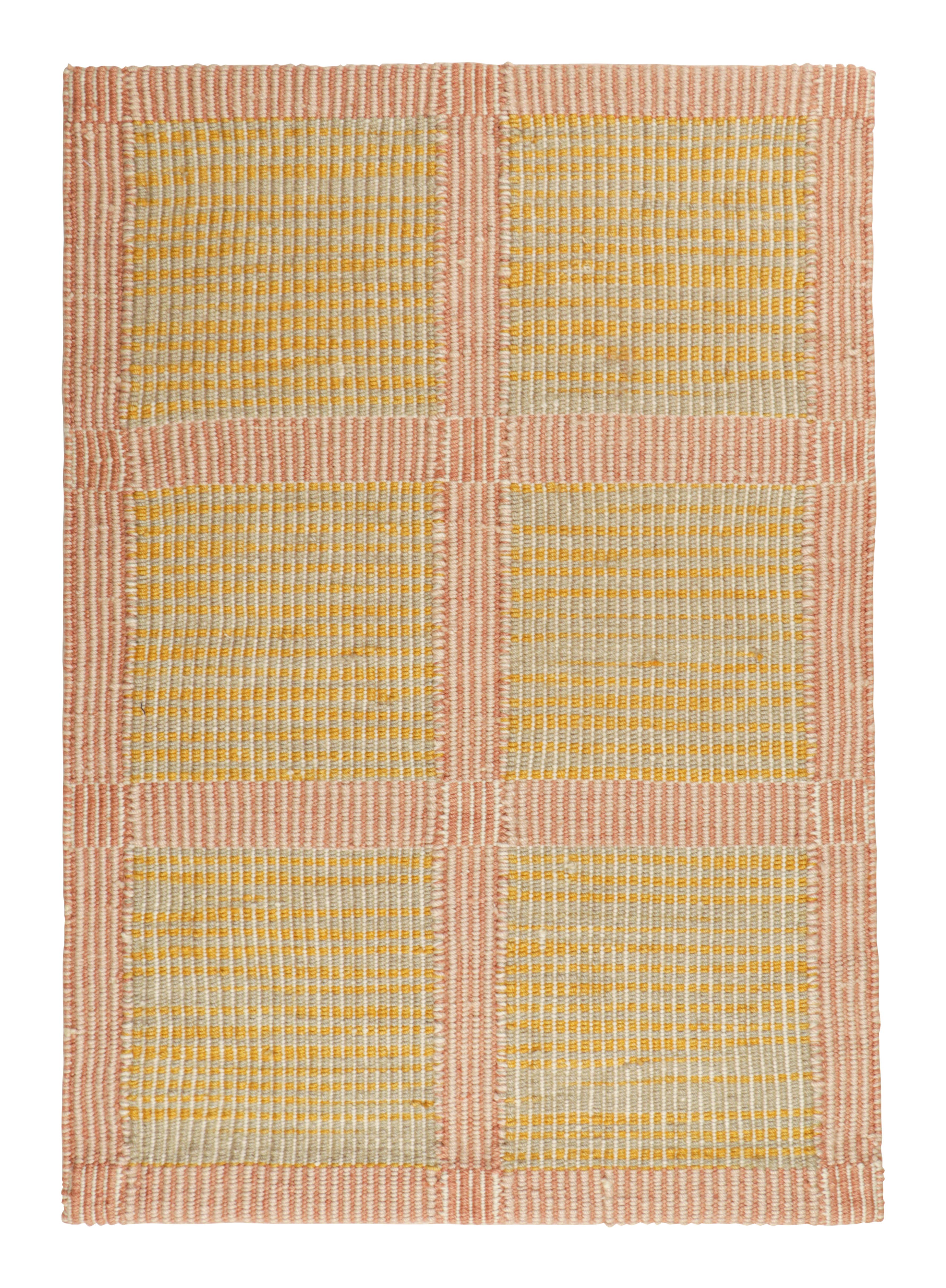 Indian Rug & Kilim’s Custom Flatweave Rug Sample with Yellow and Pink Geometric Pattern For Sale