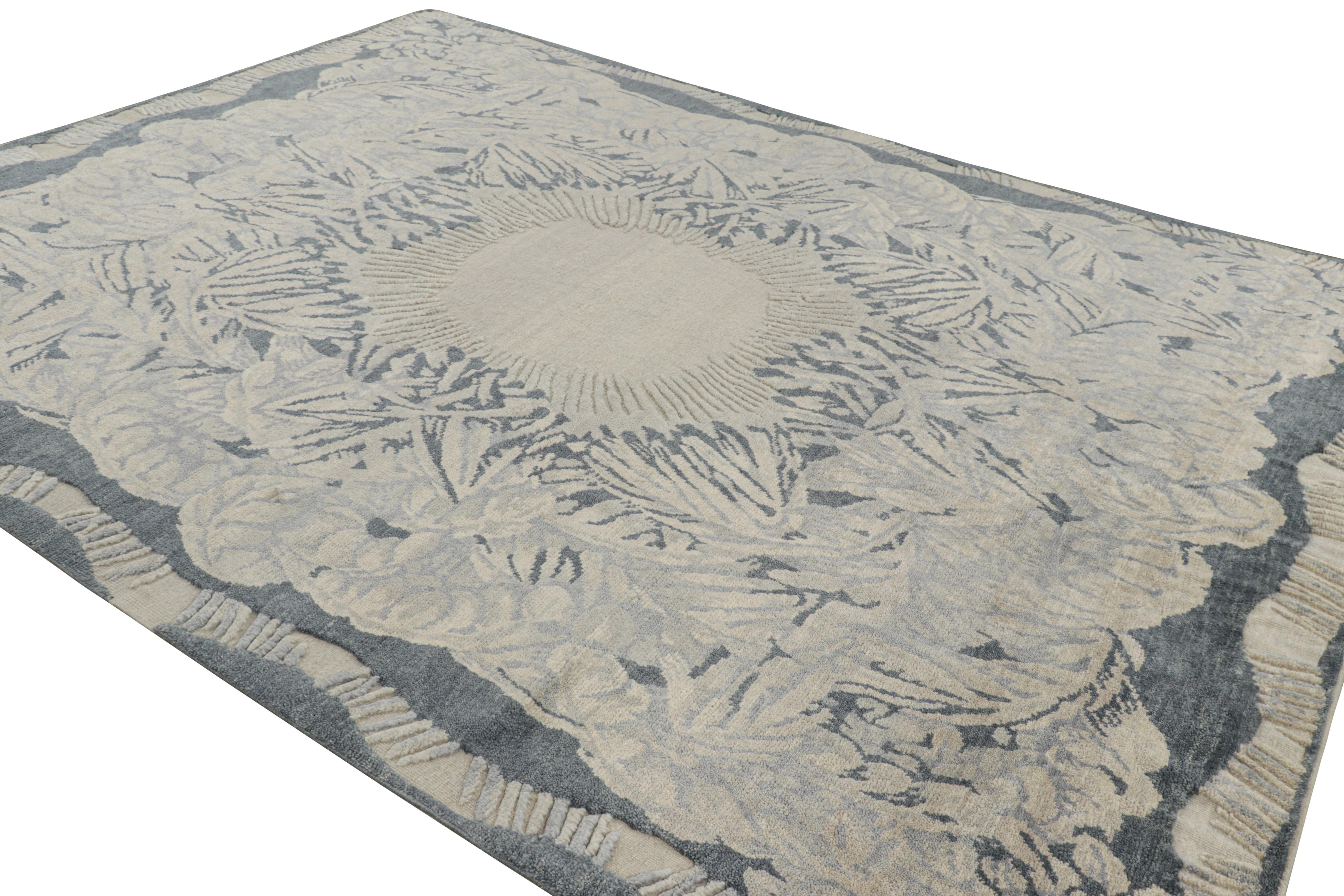 Annodato a mano Rug & Kilim: Tappeto personalizzato in stile Art Déco francese in grigio e blu in vendita