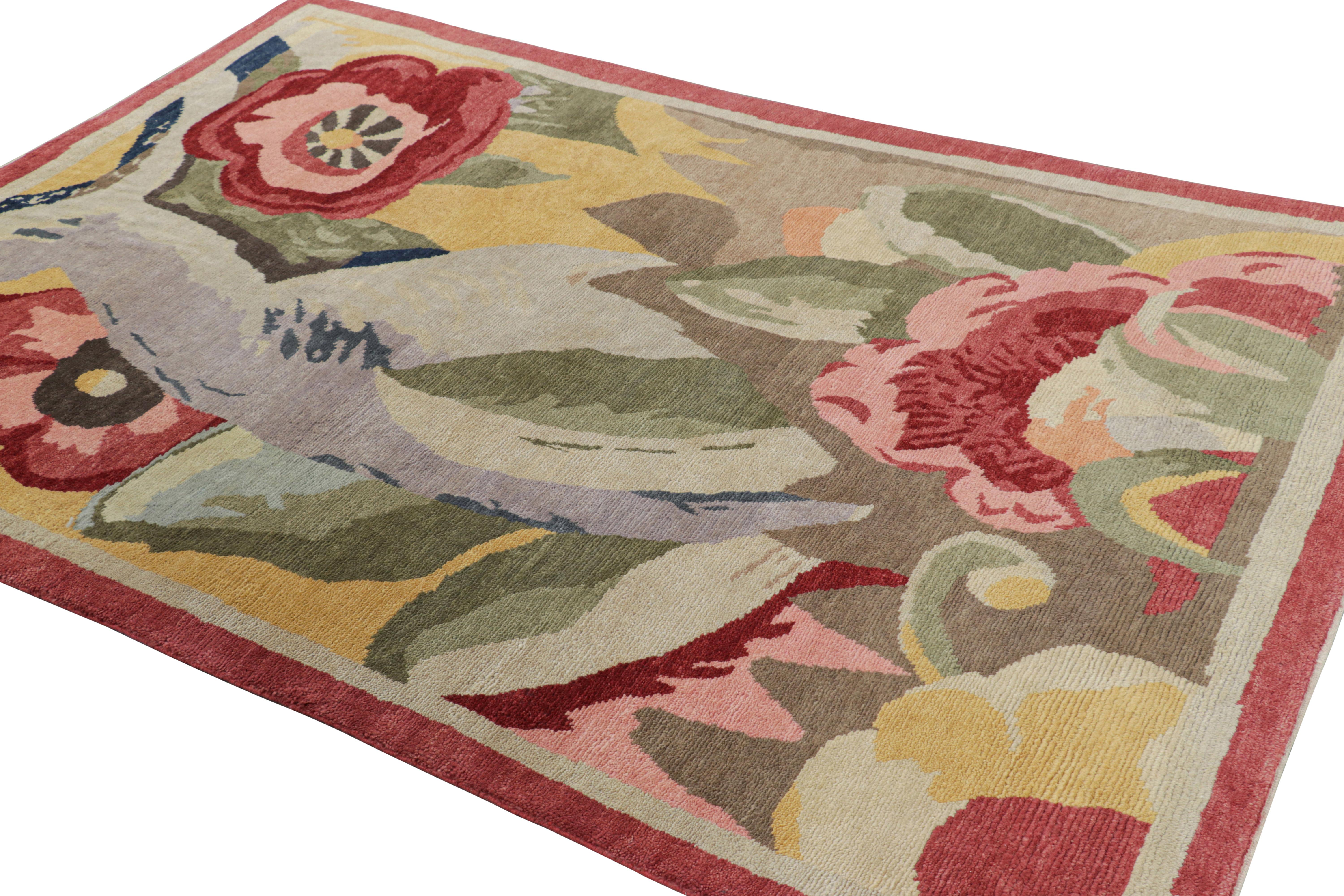 Indiano Rug & Kilim: design personalizzato di un tappeto francese in stile Art Deco con fiori colorati in vendita