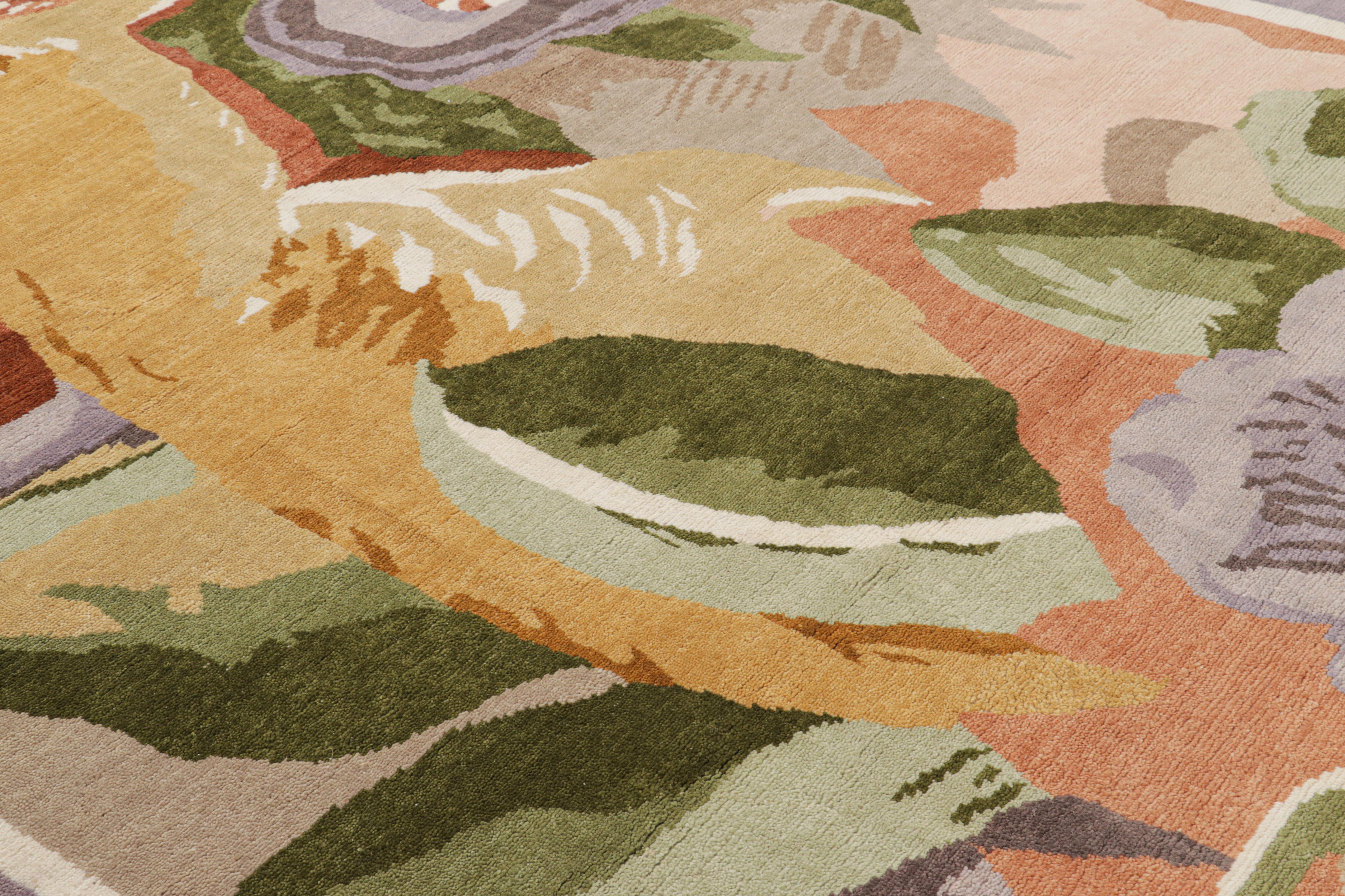 Hand-knotted in wool, this 8x12 modern French art deco custom rug design features impressionist floral patterns.  
 
On the Design: 

These photos represent a recently sold 8x12 rug from this collection, enjoying colorful hues in a floral pattern.