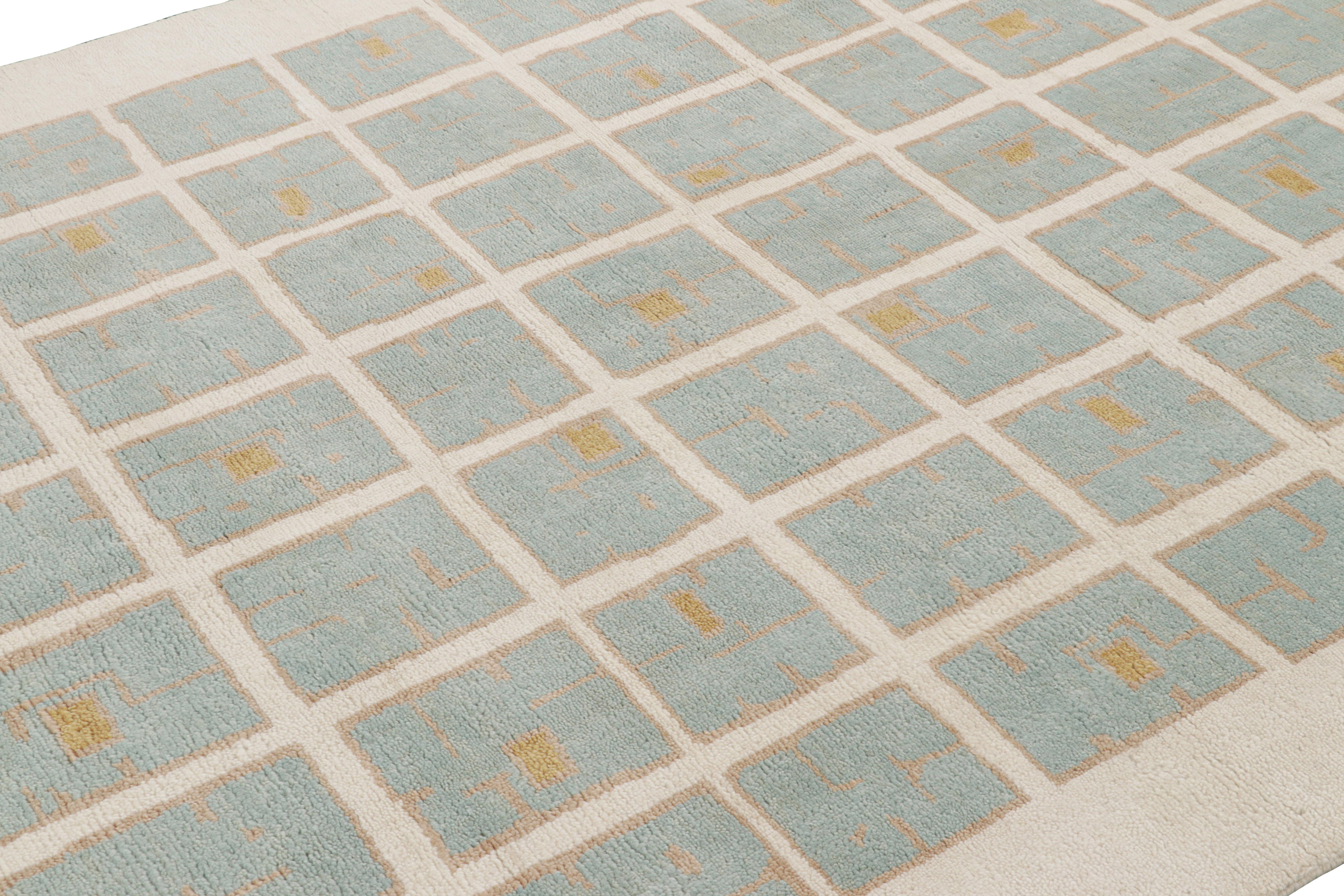 Annodato a mano in lana, questo tappeto personalizzato 6x9 in stile art déco francese moderno presenta motivi geometrici in stile Leleu.   
 
Sul design: 

Queste foto rappresentano un tappeto 6x9 di questa collezione, venduto di recente, con