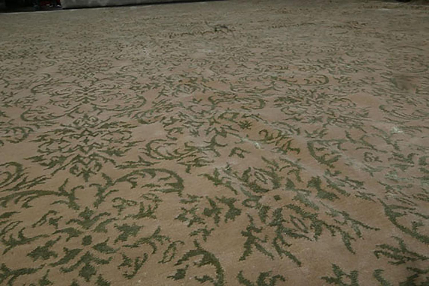 Népalais Tapis géométrique en laine et soie beige et vert 